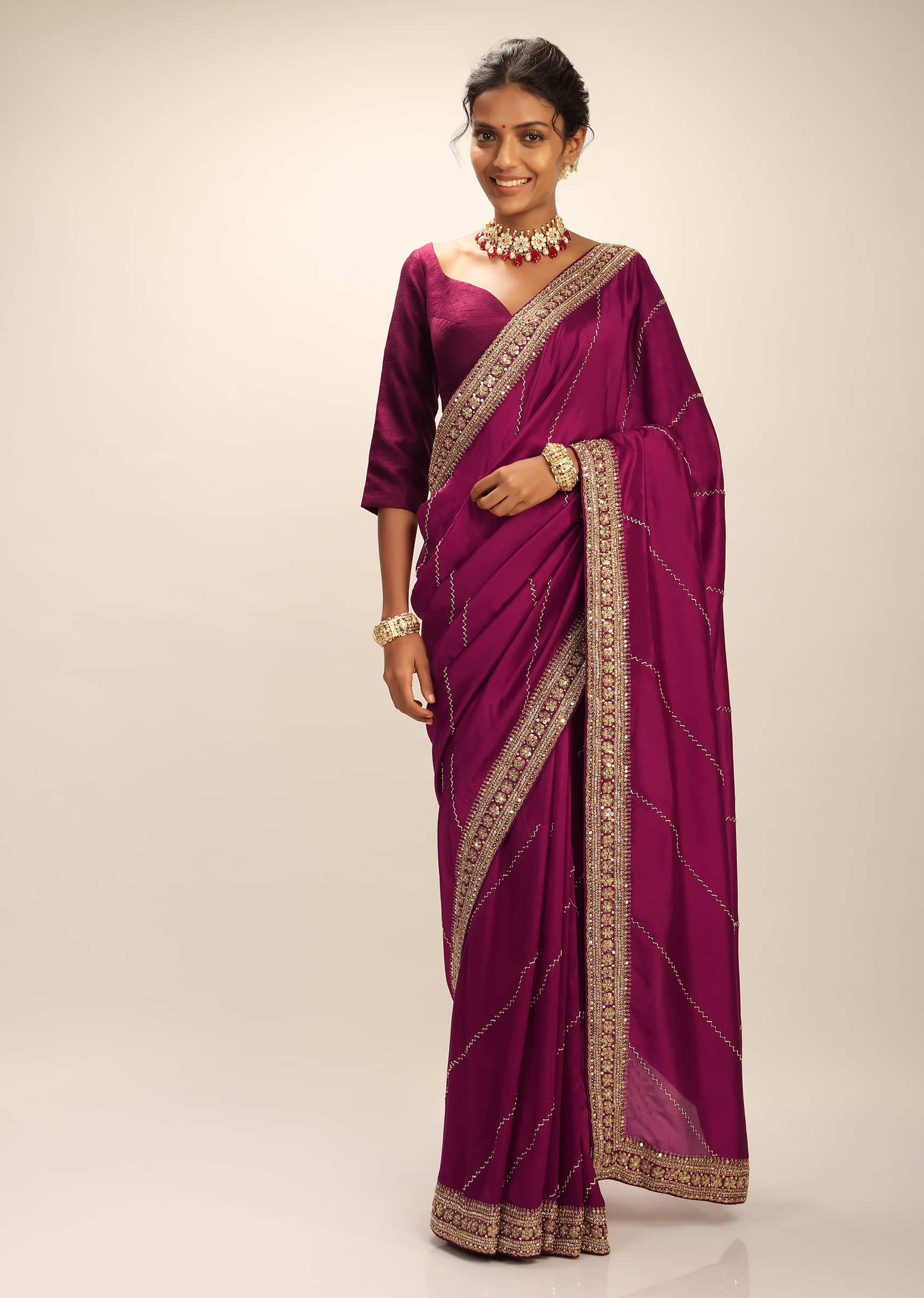 Wine Purple Saree In Dupion Silk With Cut Dana And Moti Embroidered Stripes And Floral Border  