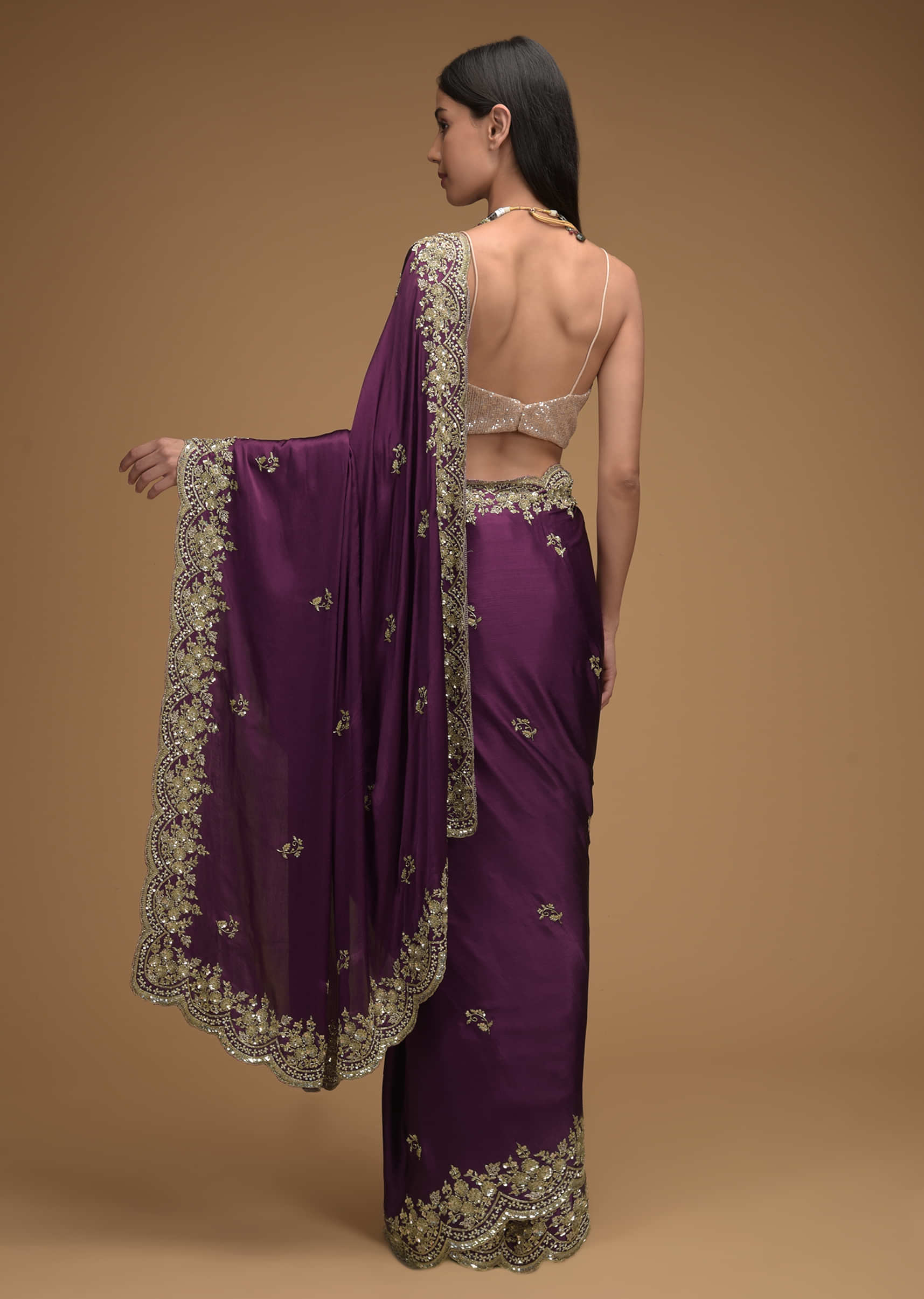 Wine Purple Saree In Satin With Hand Embroidered Scalloped Border And Floral Buttis Along With Unstitched Blouse  