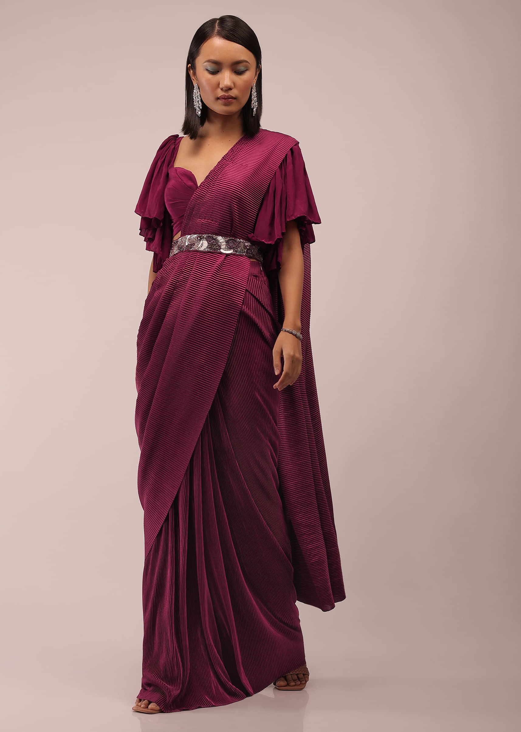 Wine Ready Pleated Saree In Crush With A Bell Sleeve Blouse And Embroidered Belt