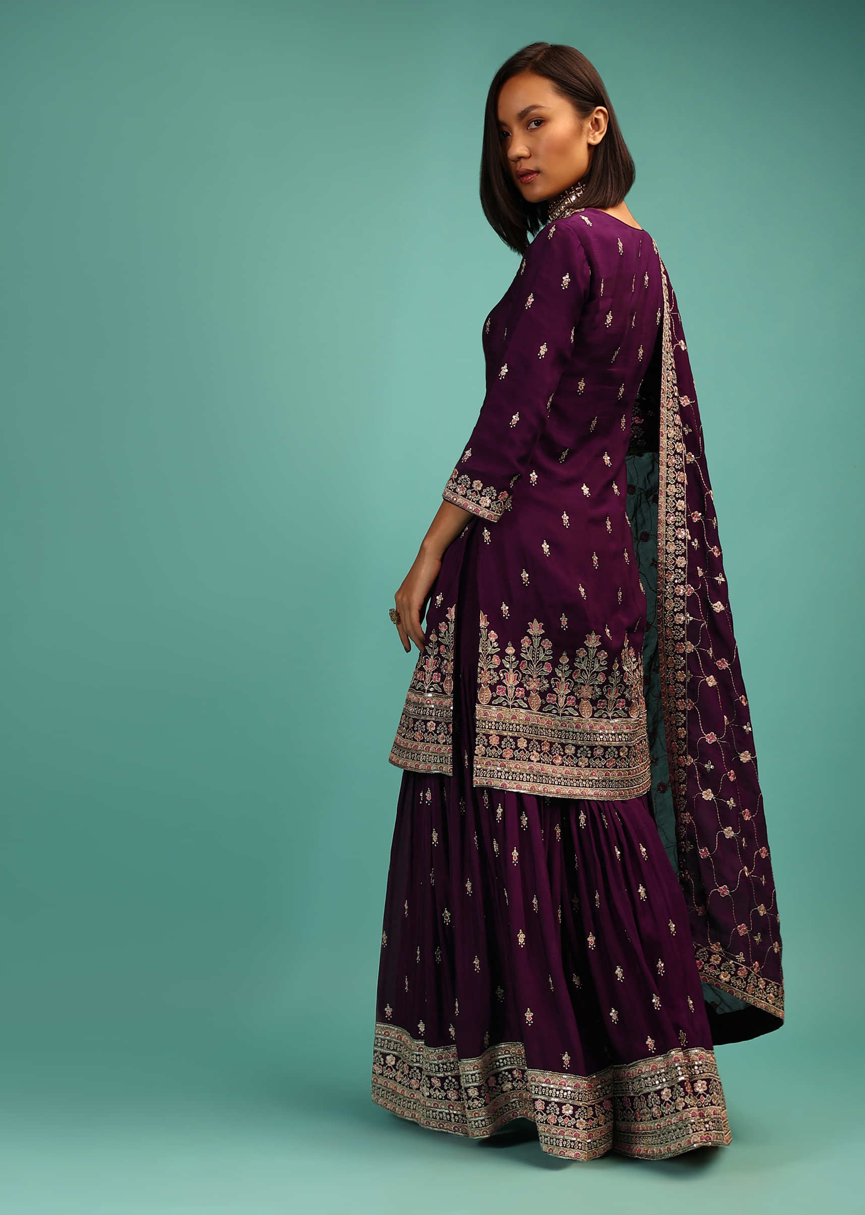 Wine Sharara Suit In Georgette With Zari And Resham Embroidery