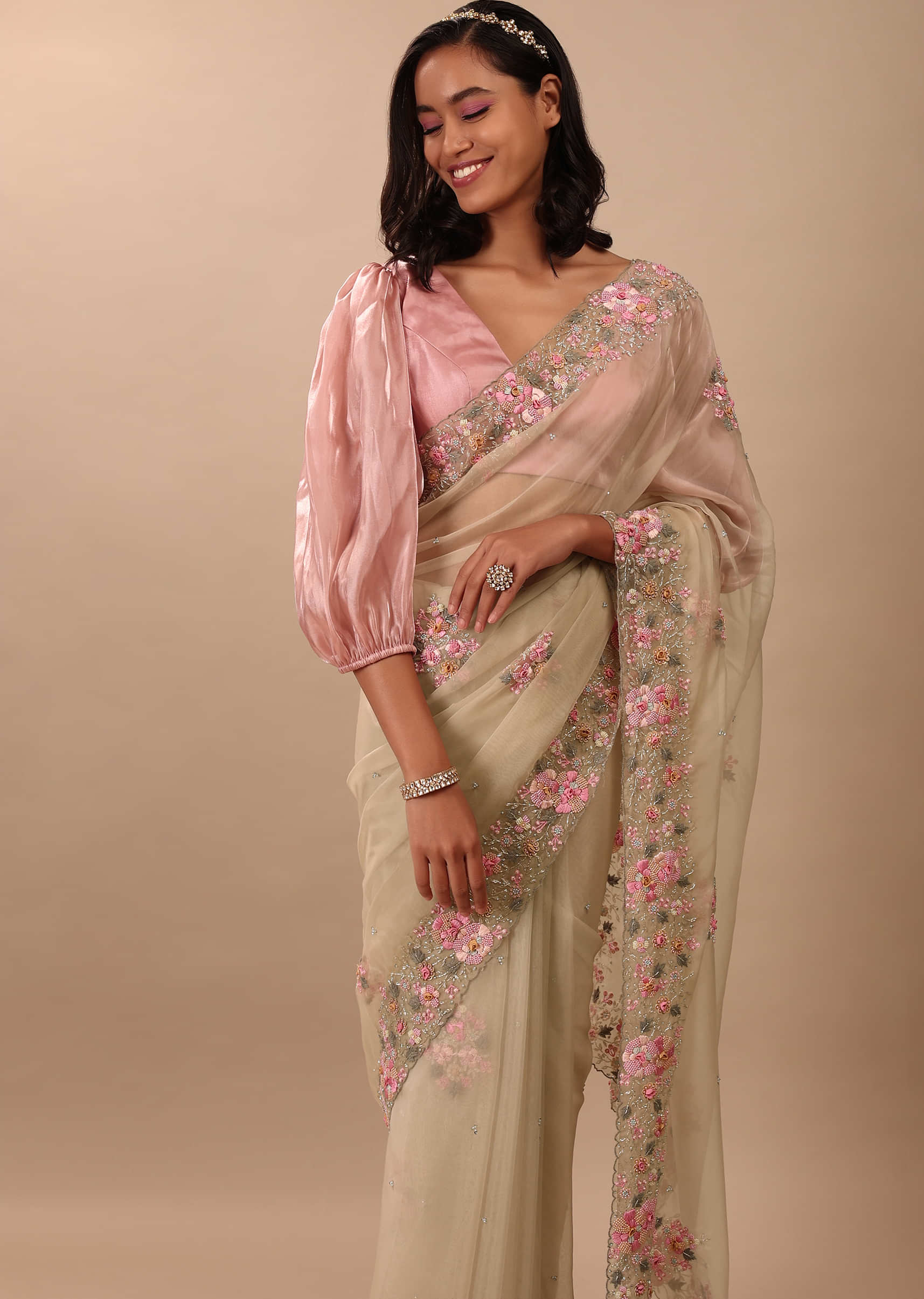 Beige White Saree In Organza Fabric And Floral Embroidery With Cut Dana & Moti
