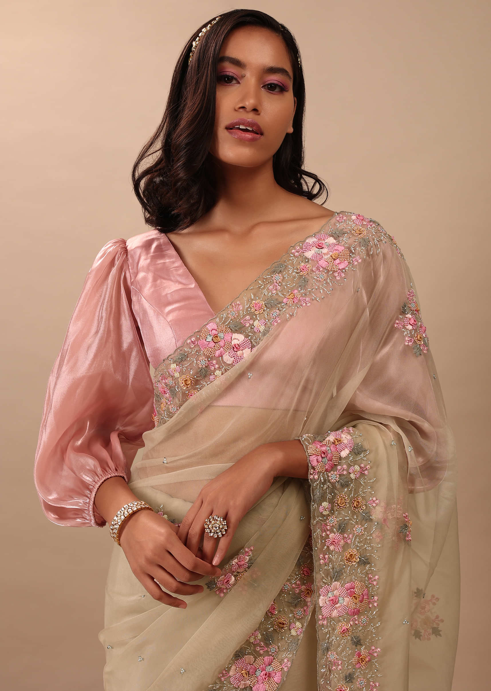 Beige White Saree In Organza Fabric And Floral Embroidery With Cut Dana & Moti