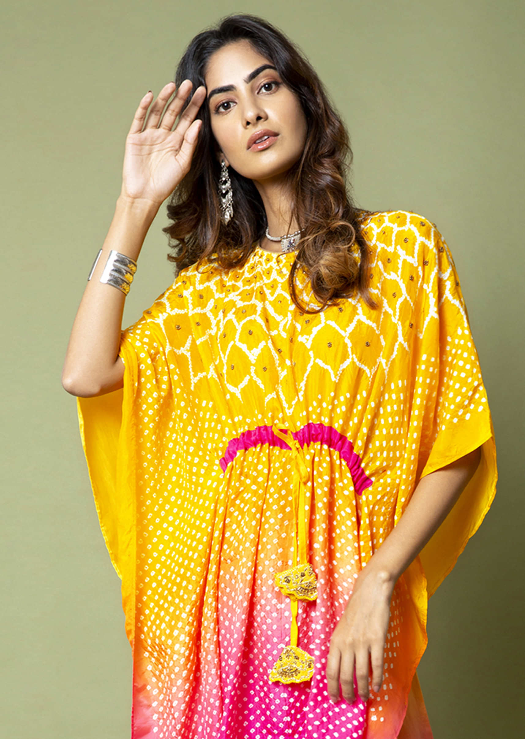 Yellow And Hot Pink Ombré Kaftan And Straight Pants Set With Bandhani And Hand Embroidery  