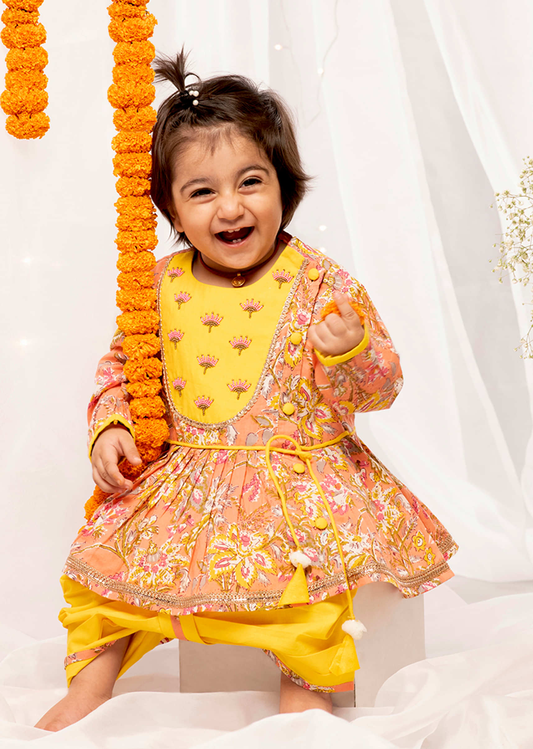 Kalki Girls Yellow Angrakha Set In Cotton With Floral Print And Bead Embroidery By Tiber Taber