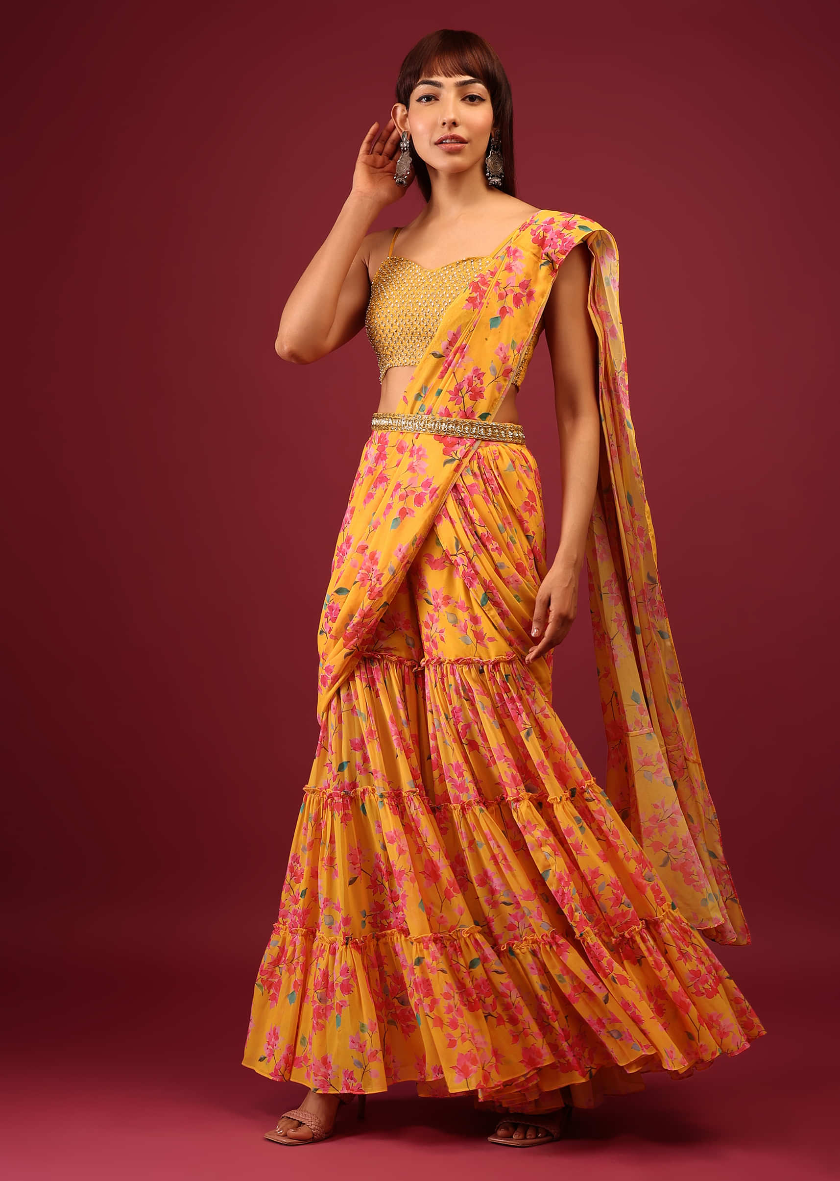 Chrome Yellow Floral Print Sharara Saree With Attached Pallu And Embroidered Blouse