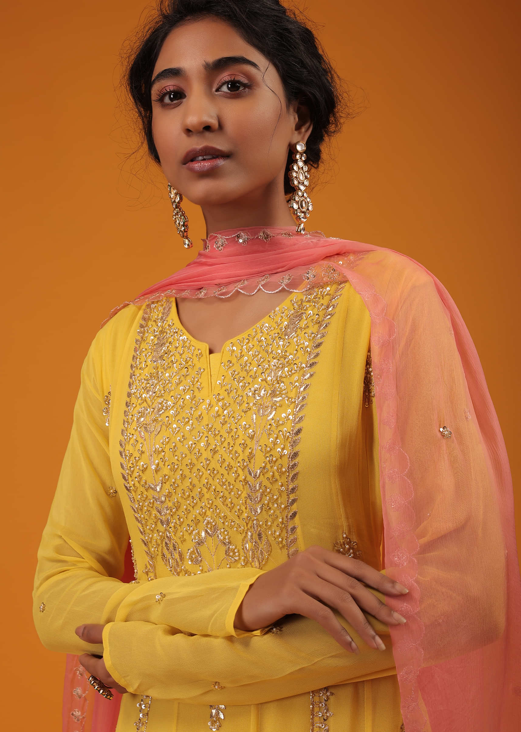 Yellow Georgette Anarkali Suit With Zari, Motii And Floral Embroidery