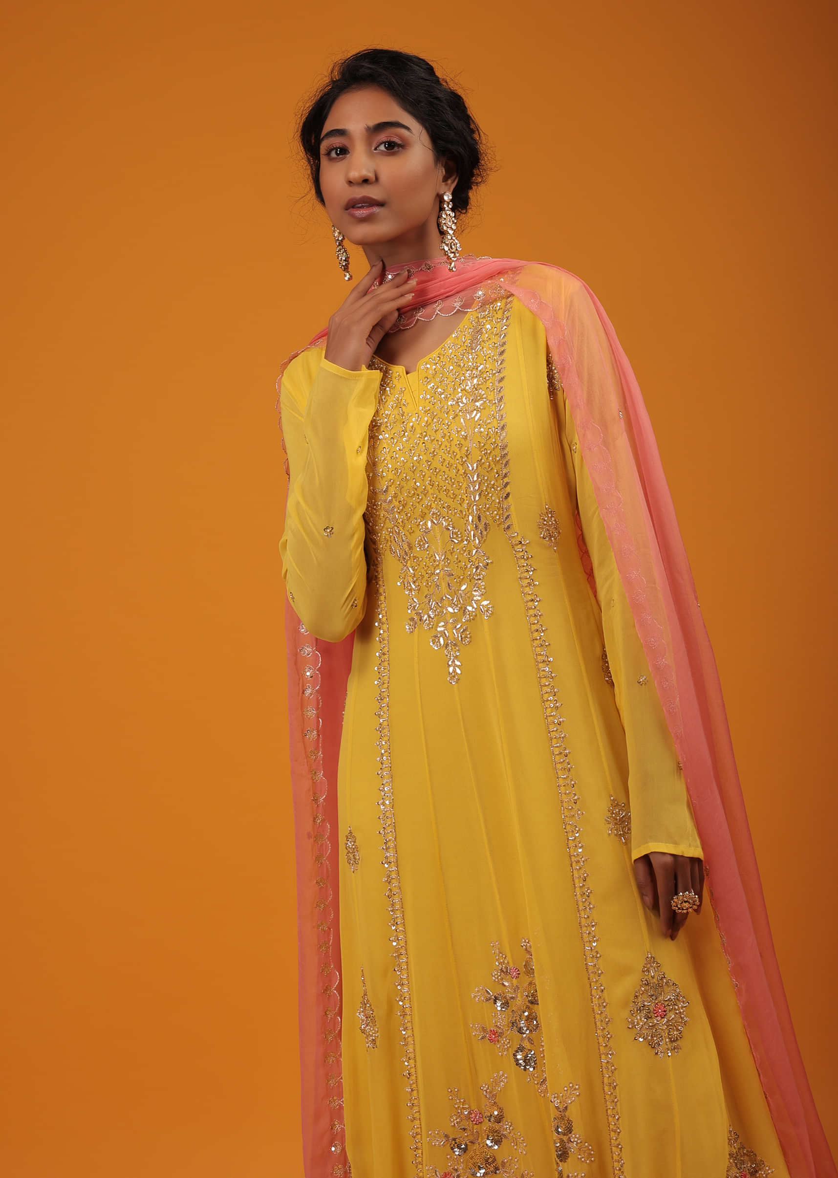 Yellow Georgette Anarkali Suit With Zari, Motii And Floral Embroidery