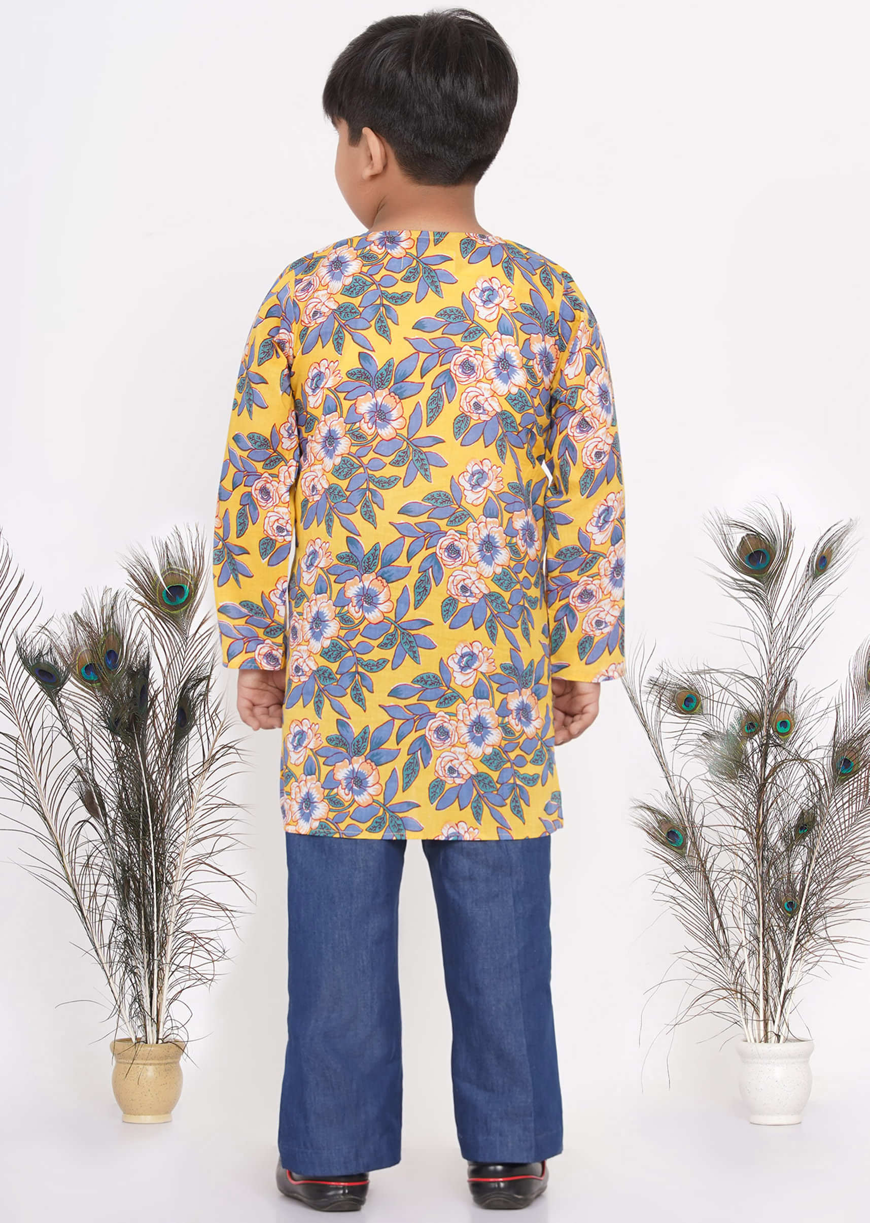 Kalki Cyber Yellow Kurta Set For Boys In Cotton With Floral Print And Denim Blue Trouser Pants