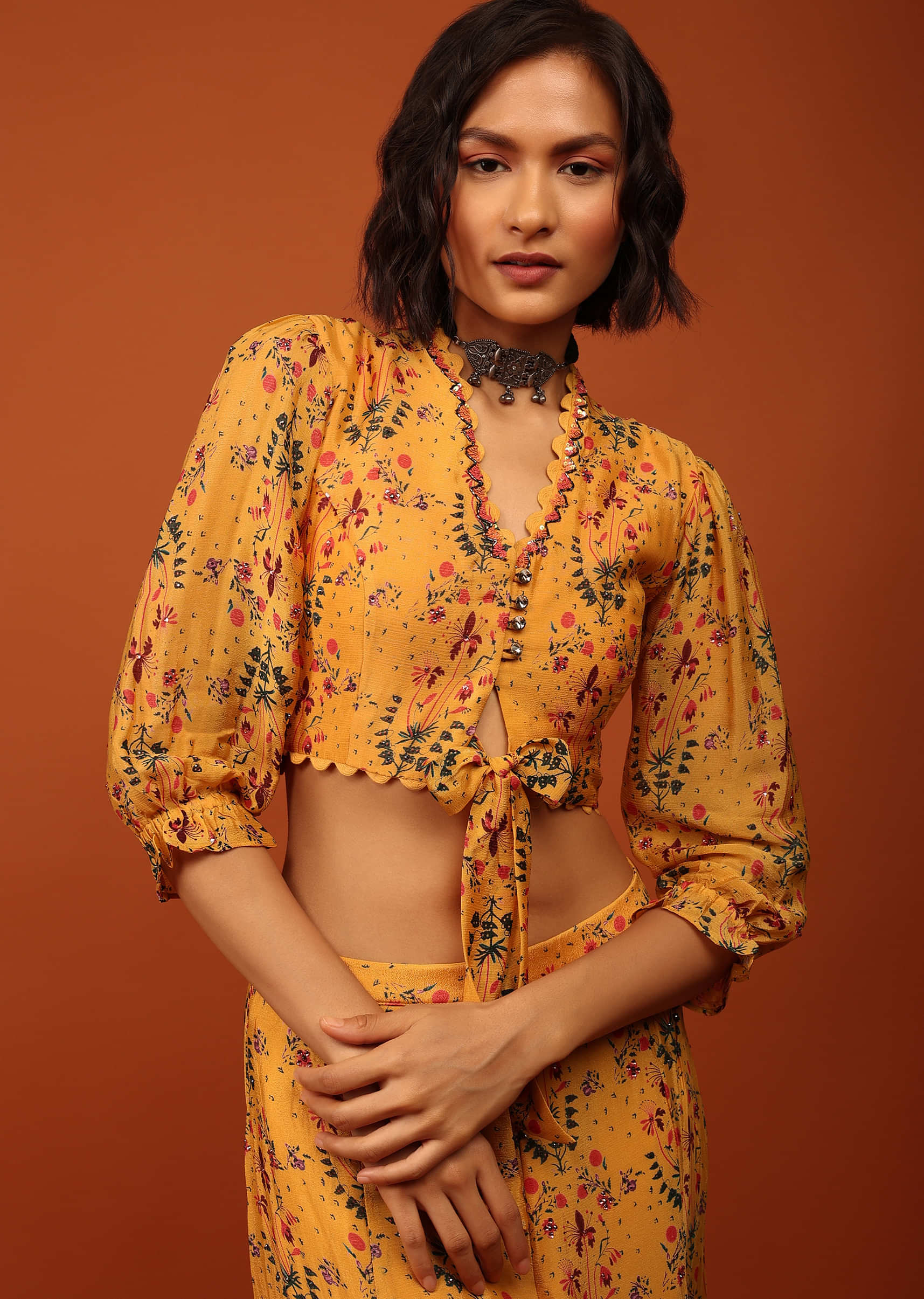 Mustard Yellow Print Blouse And Palazzo In V Neckline & Balloon Flute Sleeves With Embellishment