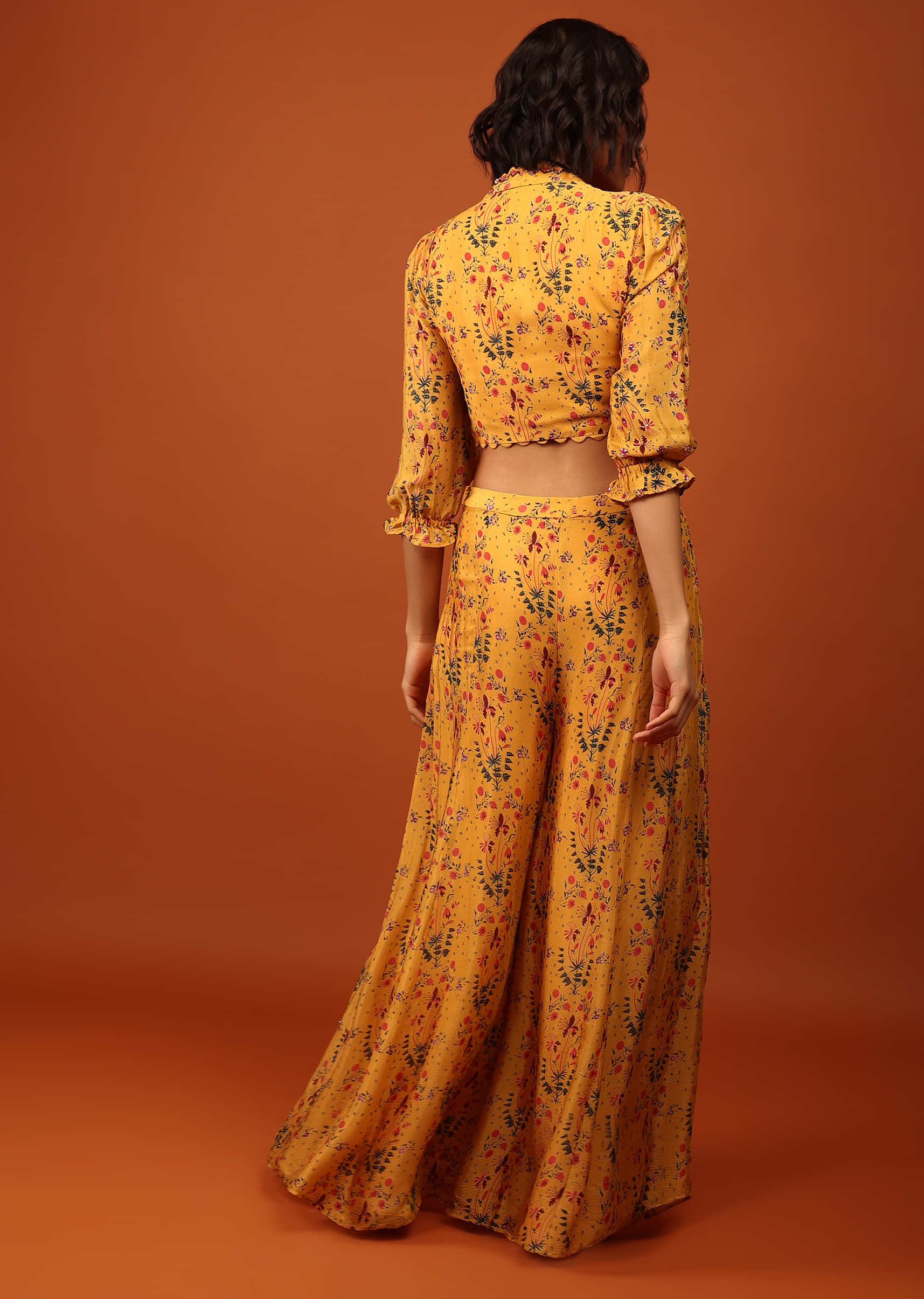 Mustard Yellow Print Blouse And Palazzo In V Neckline & Balloon Flute Sleeves With Embellishment