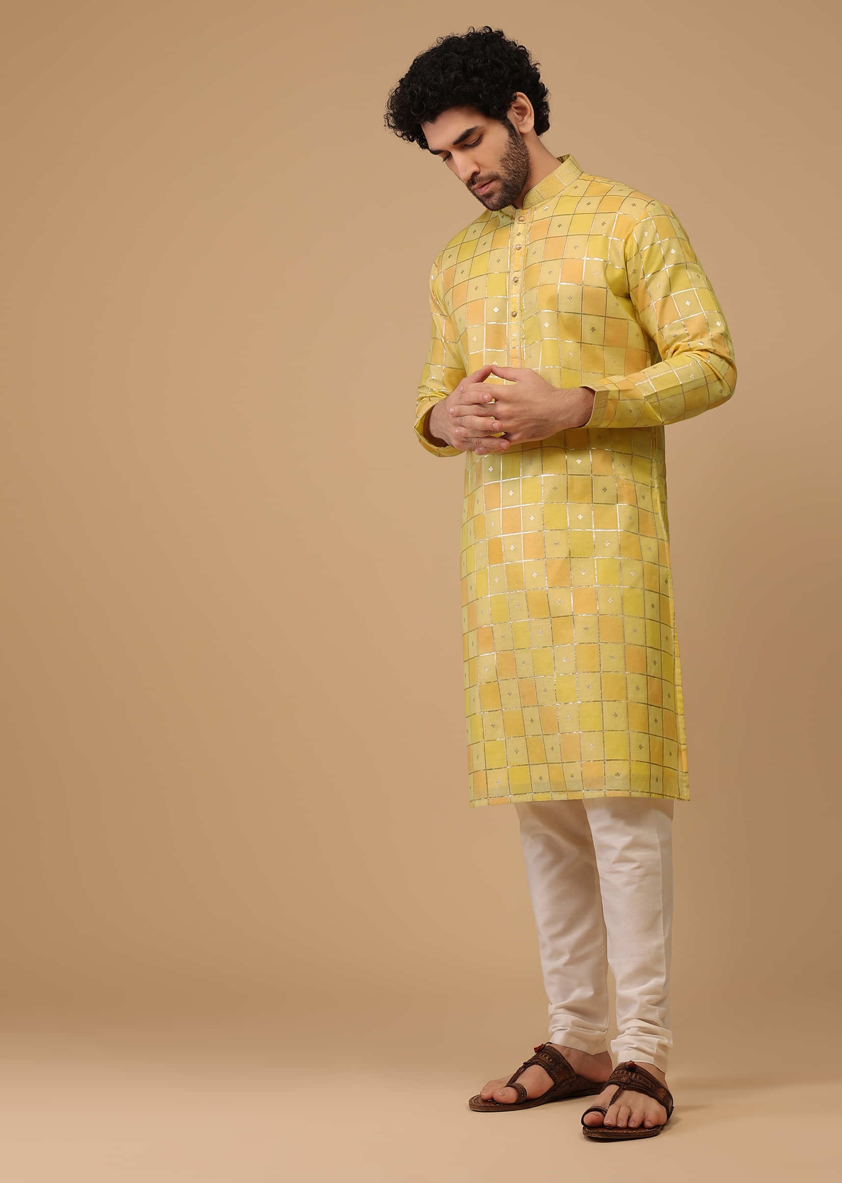 Yellow Printed Handwoven Chanderi Silk Kurta Set