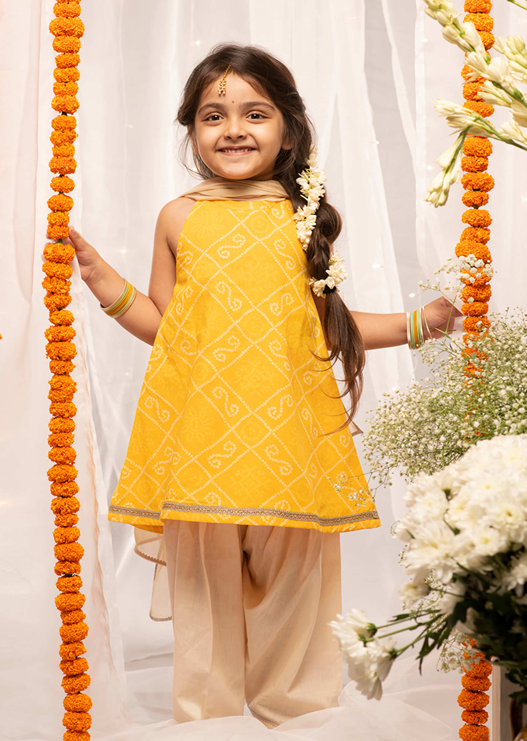 Kalki Girls Yellow Salwar Suit In Cotton With Bandhani Print By Tiber Taber