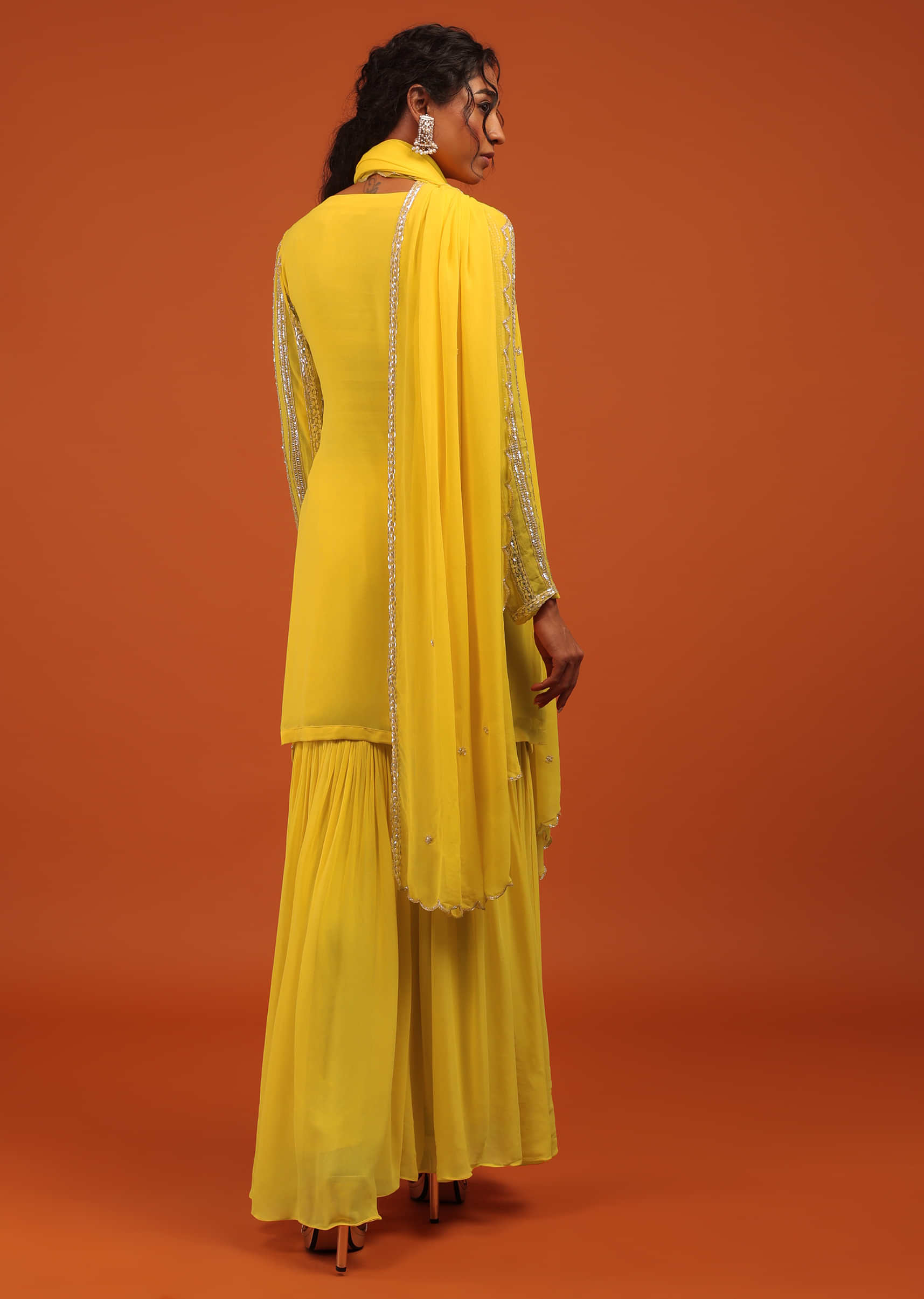Yellow Sharara Suit In Georgette With Silver Embroidery