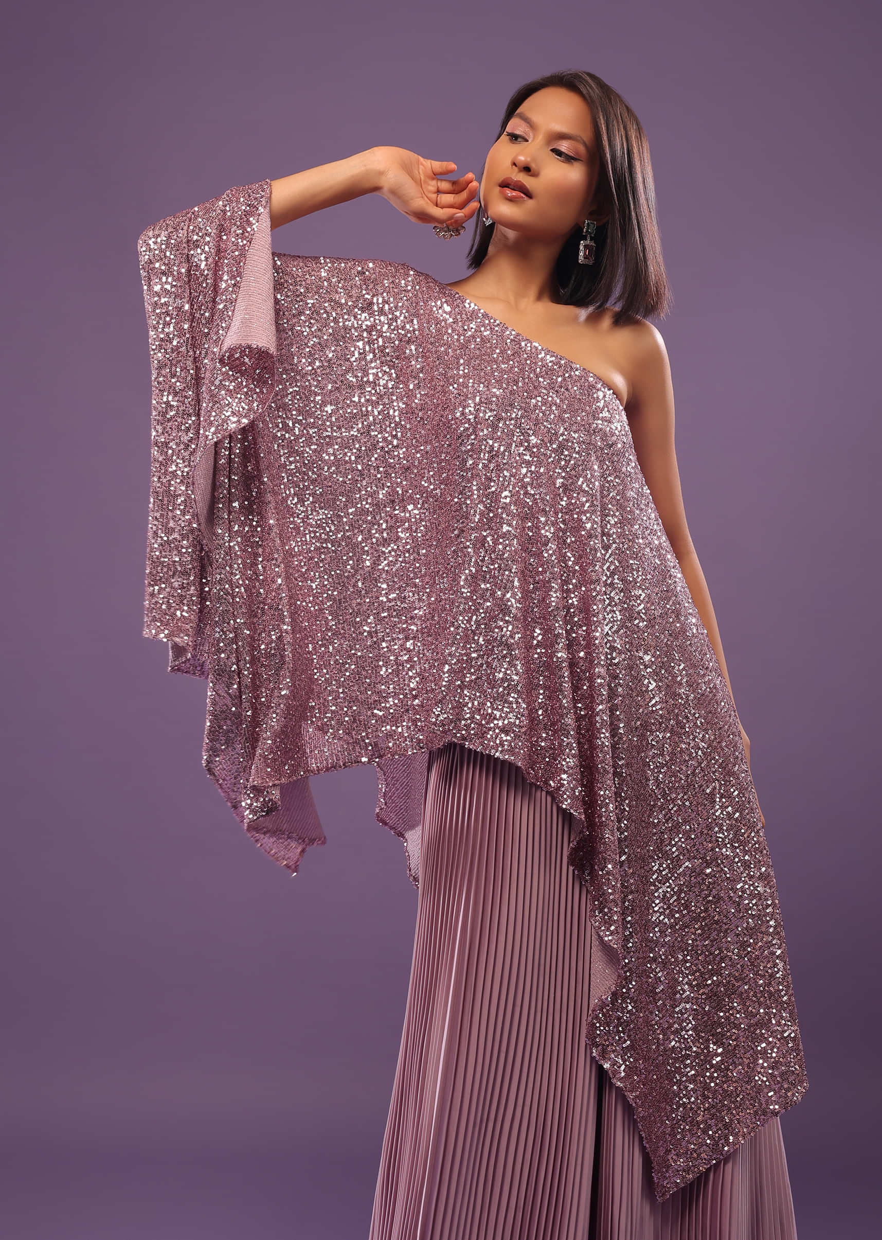 Lilac Purple Palazzo Top Set In Sequins And Pleated Satin