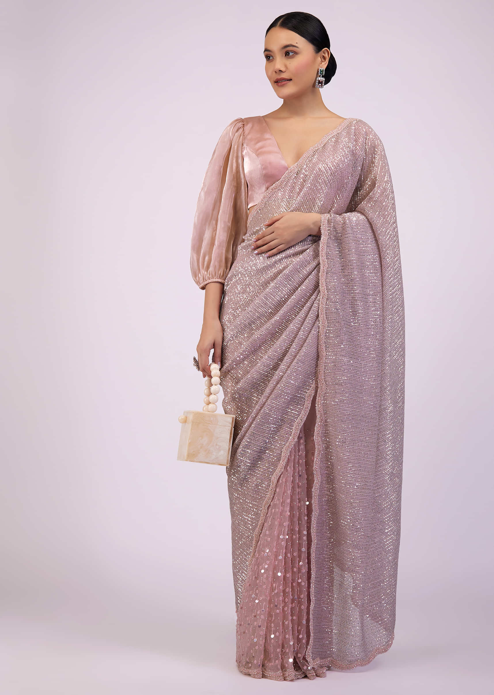 Onion Pink Saree In Sequins And Organza With Embroidery