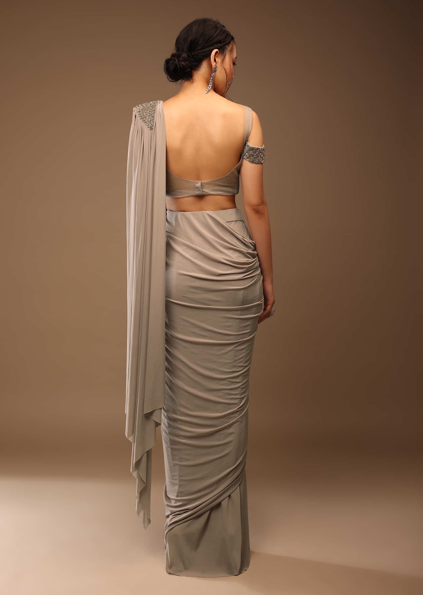 Zinc Grey Ready-Pleated Saree And A Cold Shoulder Top In Stones Embellishment