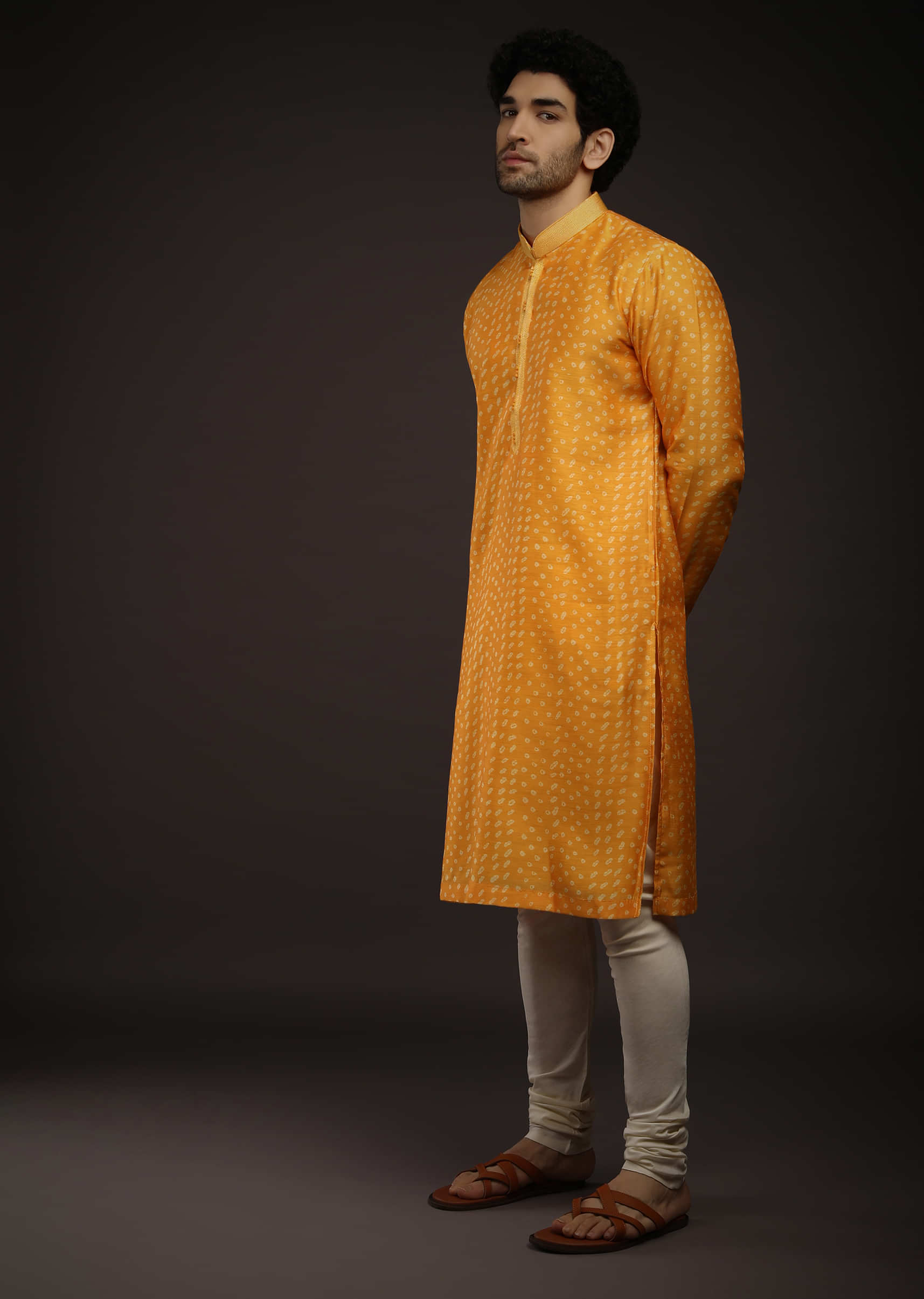Zinnia Yellow Kurta Set In Raw Silk With Bandhani Design All Over And Resham Work On The Placket