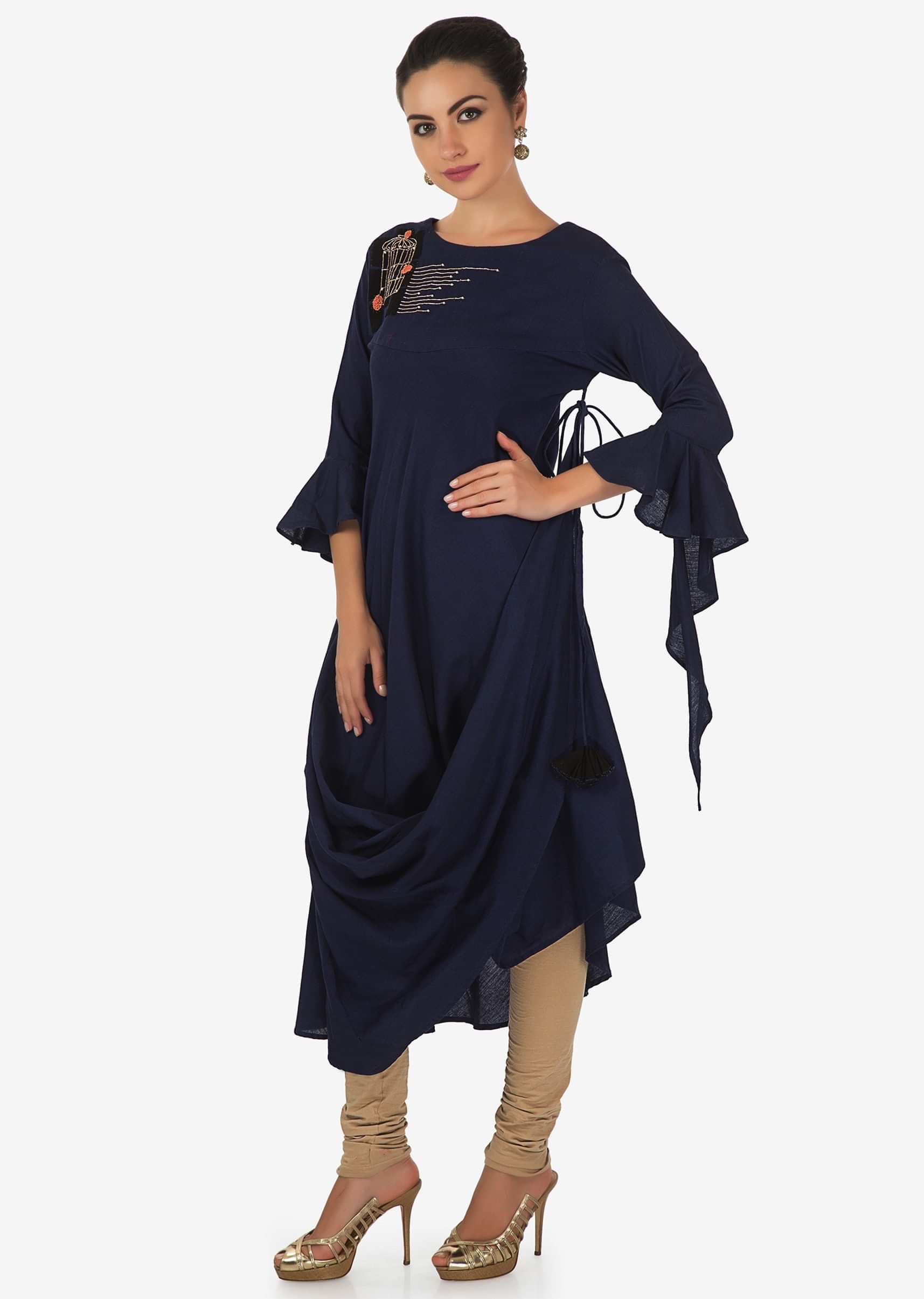 Navy Blue Kurti With Fancy Drape And Cage Motif Embroidery