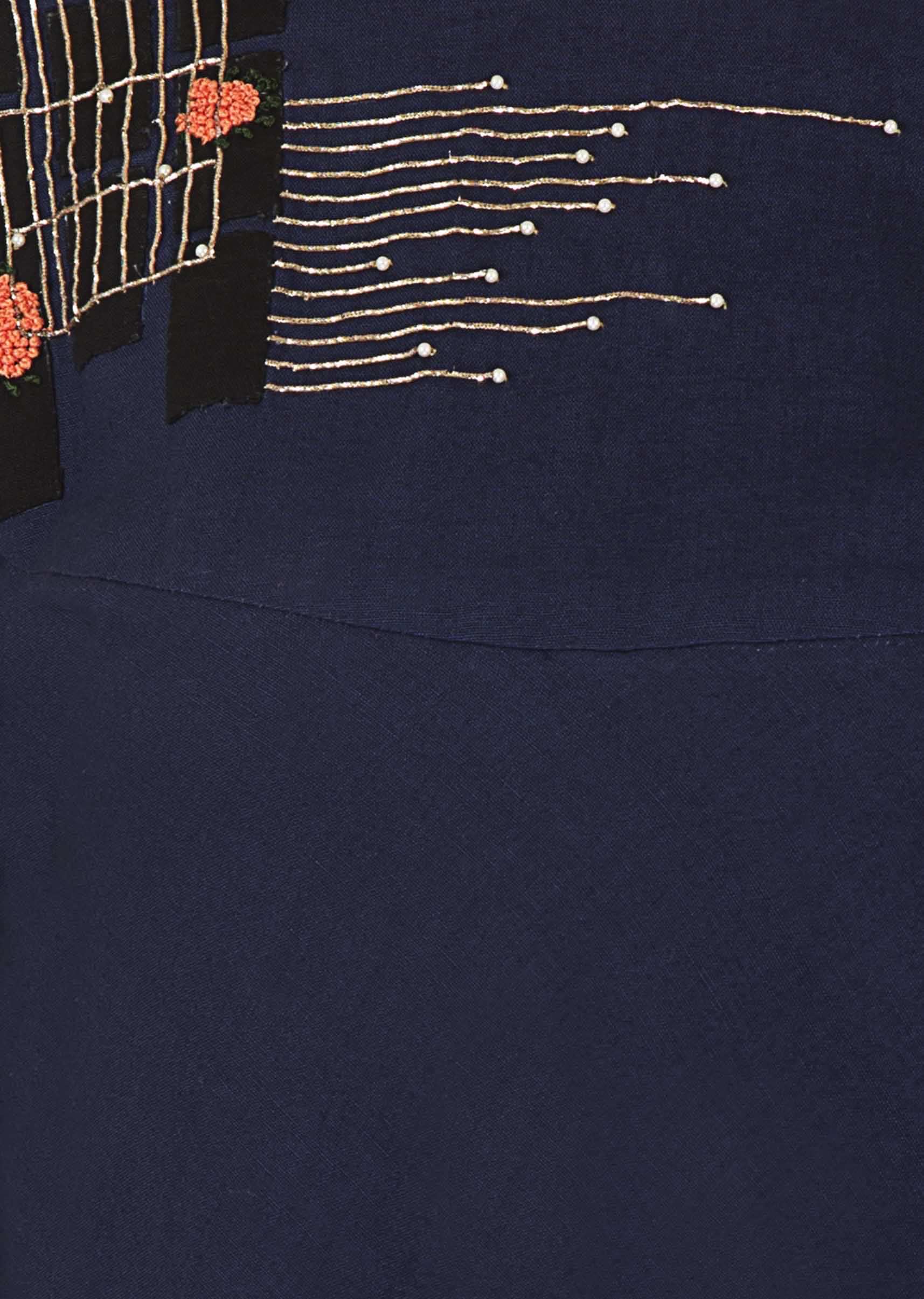 Navy Blue Kurti With Fancy Drape And Cage Motif Embroidery