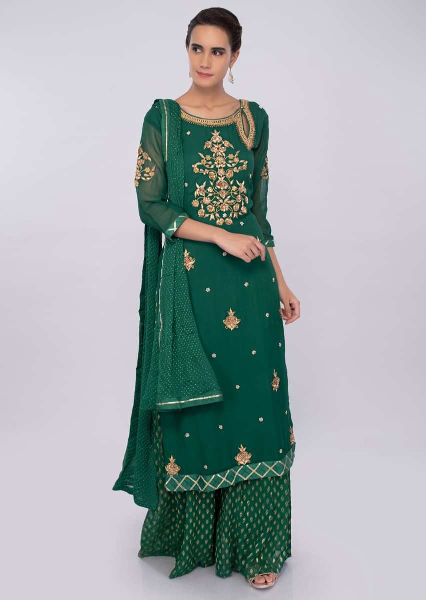 Dark Green Palazzo Suit Set In Georgette With Embroidery And Butti Online - Kalki Fashion