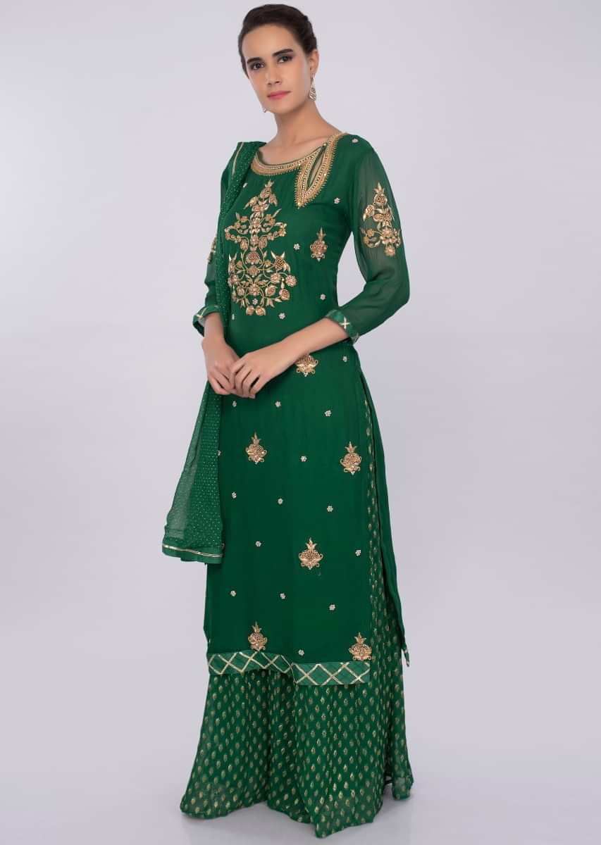Dark Green Palazzo Suit Set In Georgette With Embroidery And Butti Online - Kalki Fashion