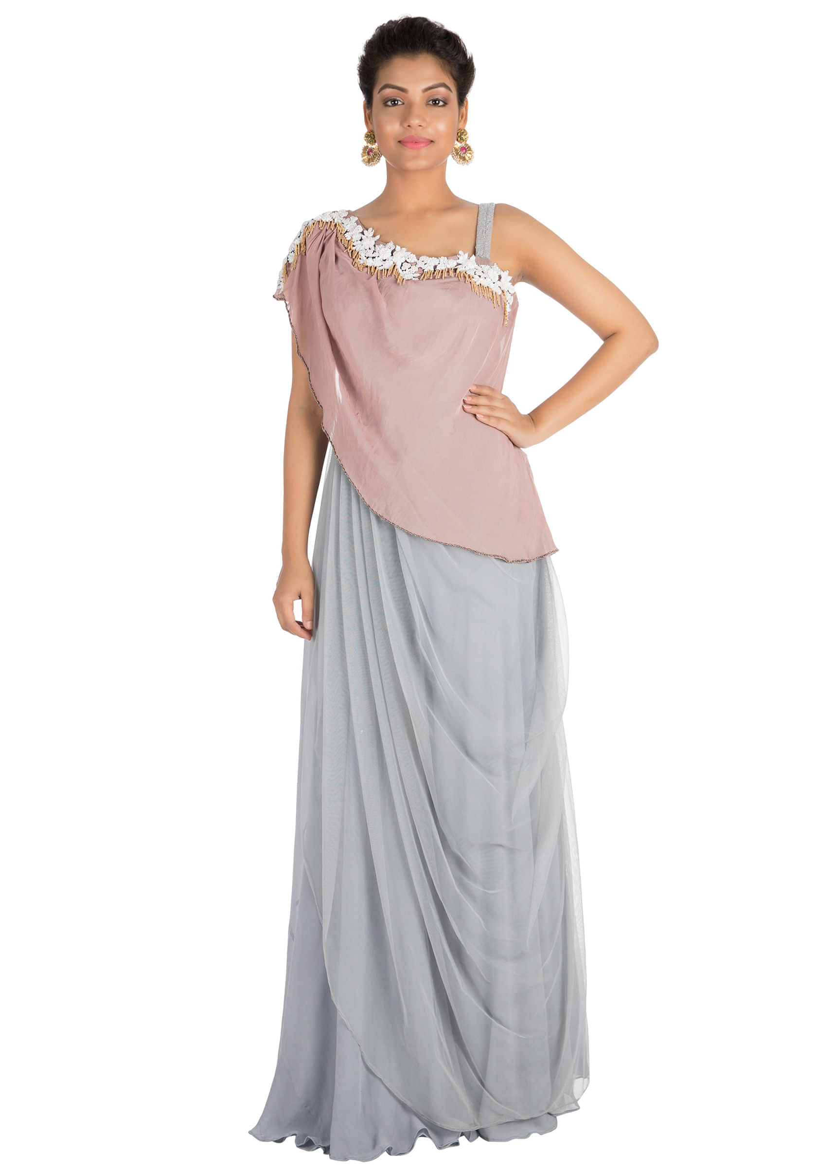  Hand embroidered Light grey draped dress with light onion pink cape