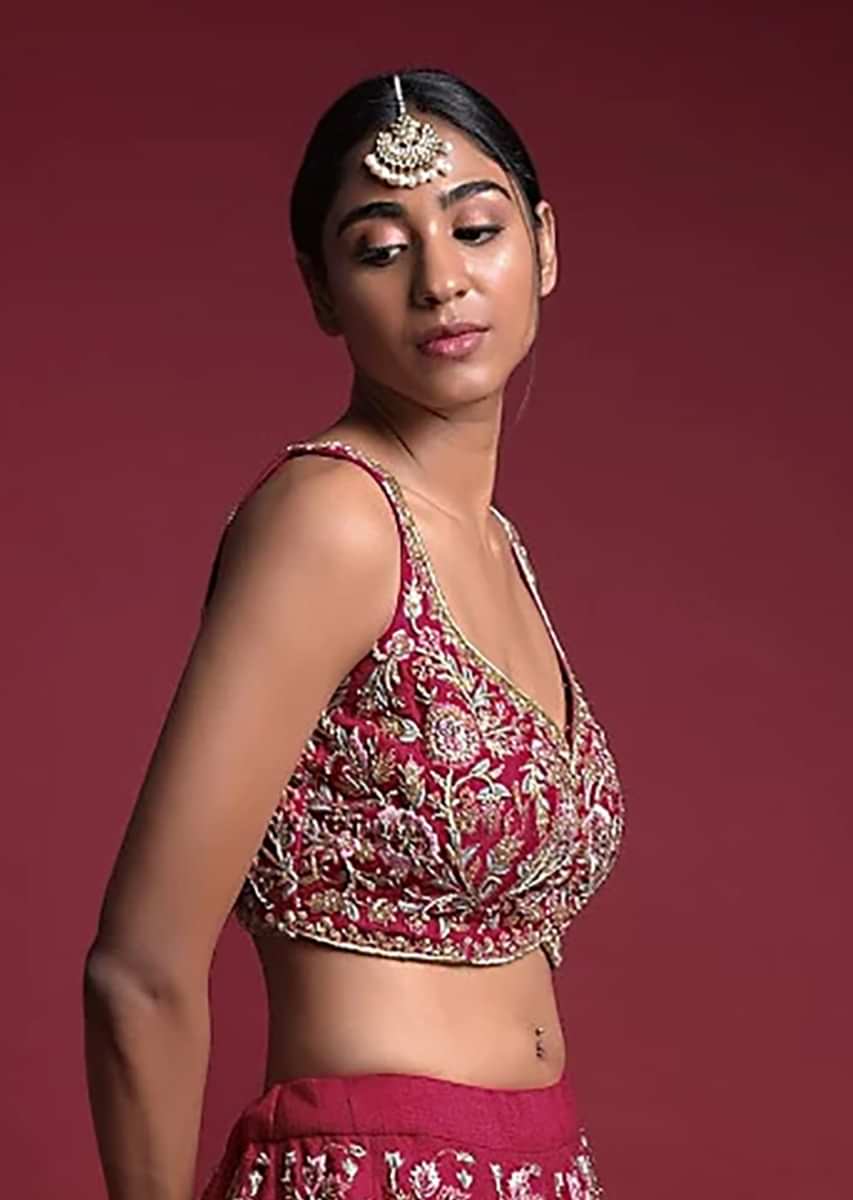  Strawberry Pink Choli In Raw Silk Adorned With Resham And Zardosi Embroidered Floral Jaal