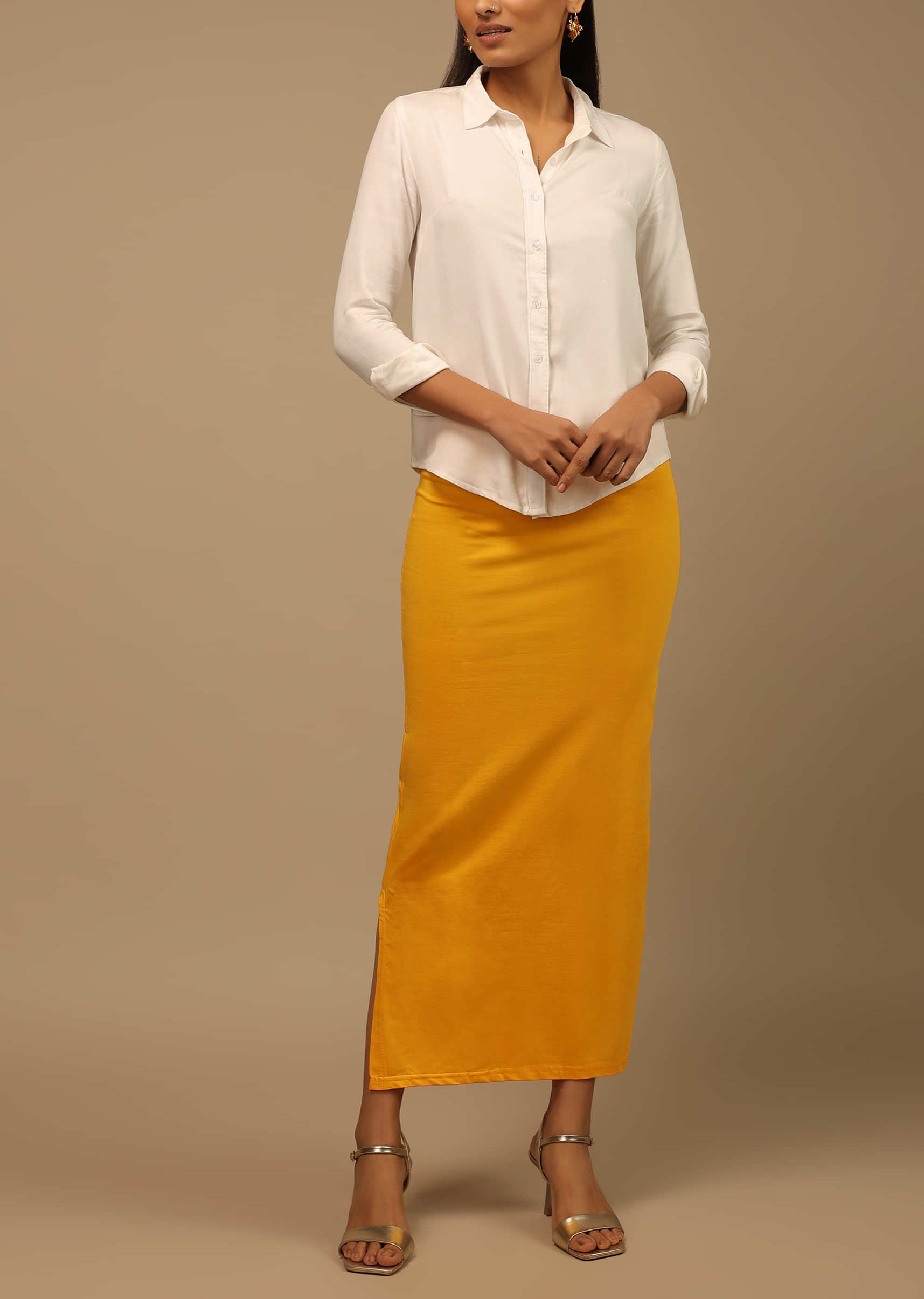 Buy Peach Shapewear Saree Petticoat In Cotton Lycra With Elastic Waistband  And Slit KALKI Fashion India