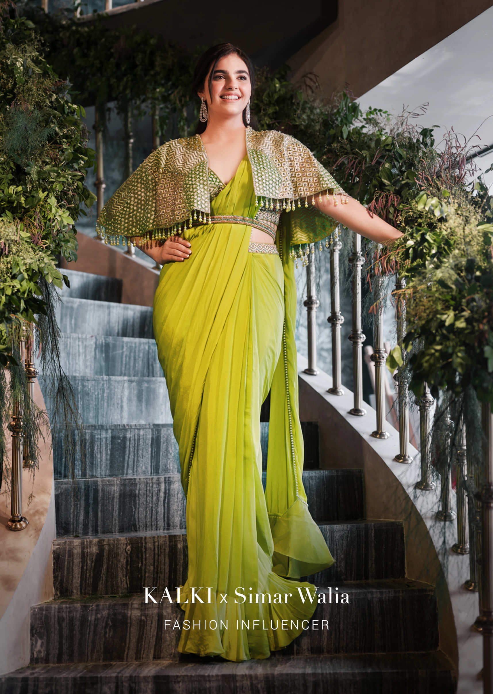 Citrus Green Ready Pleated Crepe Saree with Net Cape and V-Neck Crop Top with Hemline Cut Out