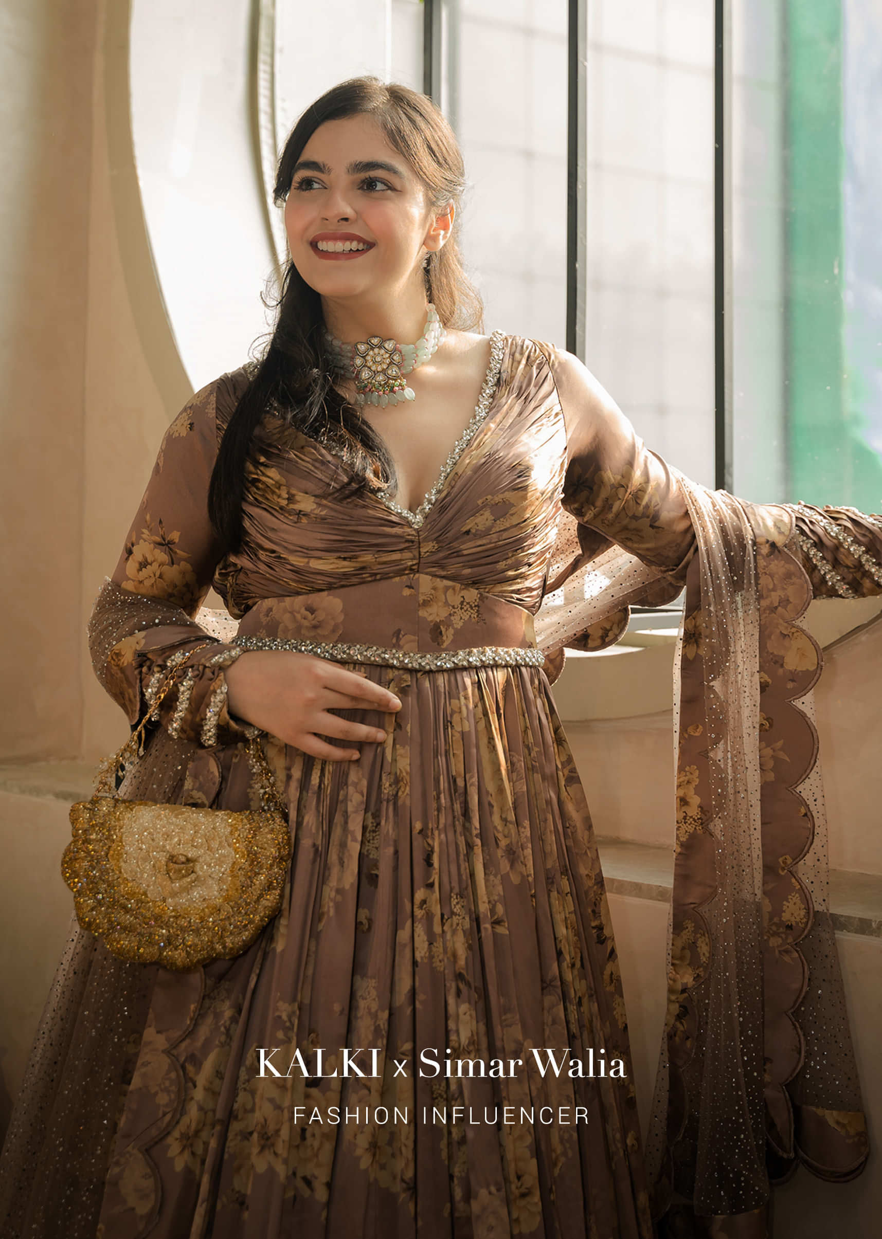 Brown Anarkali In Floral Printed Satin With Heavy Stone Work On The Neckline