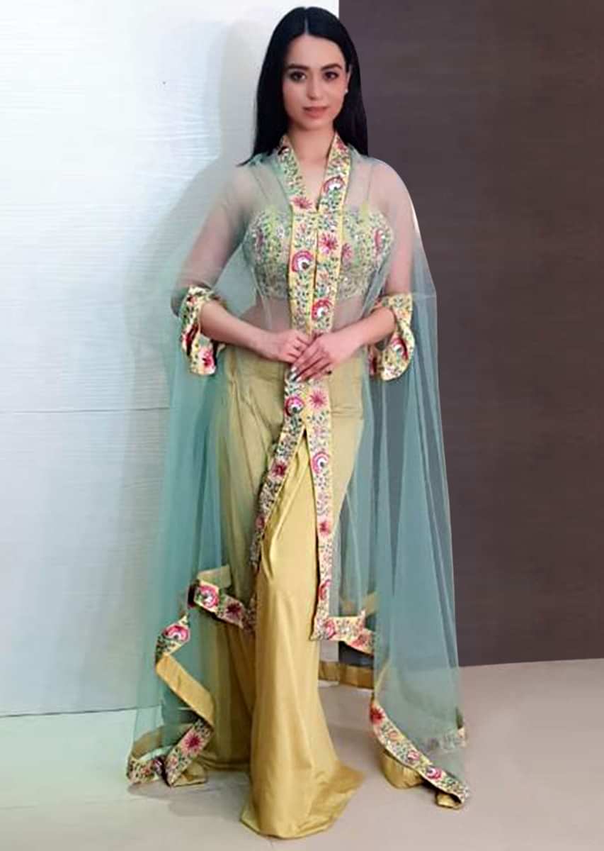 Soundarya Sharma in kalki moss green palazzo set in resham embroidery matched with fancy jacket 