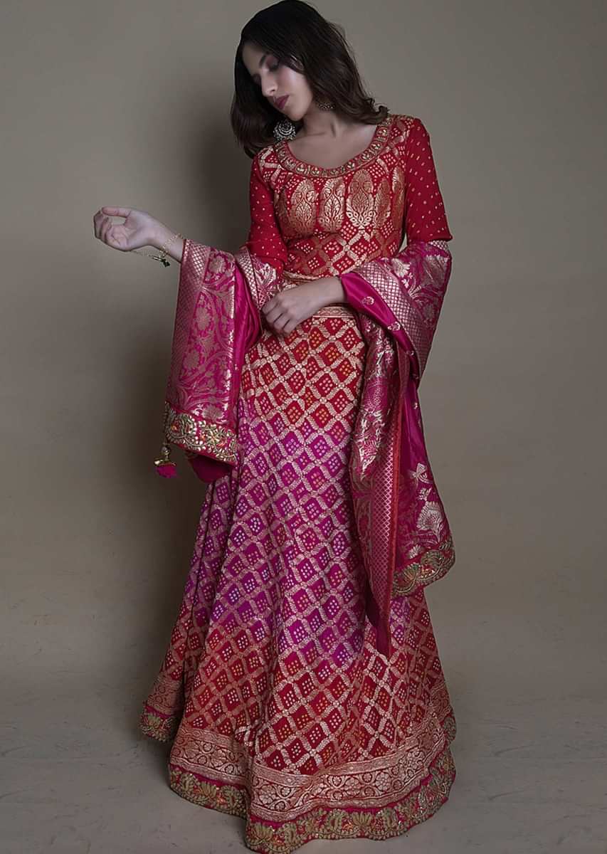 Fuchsia pink and red shaded bandhani printed anarkali suit only on kalki