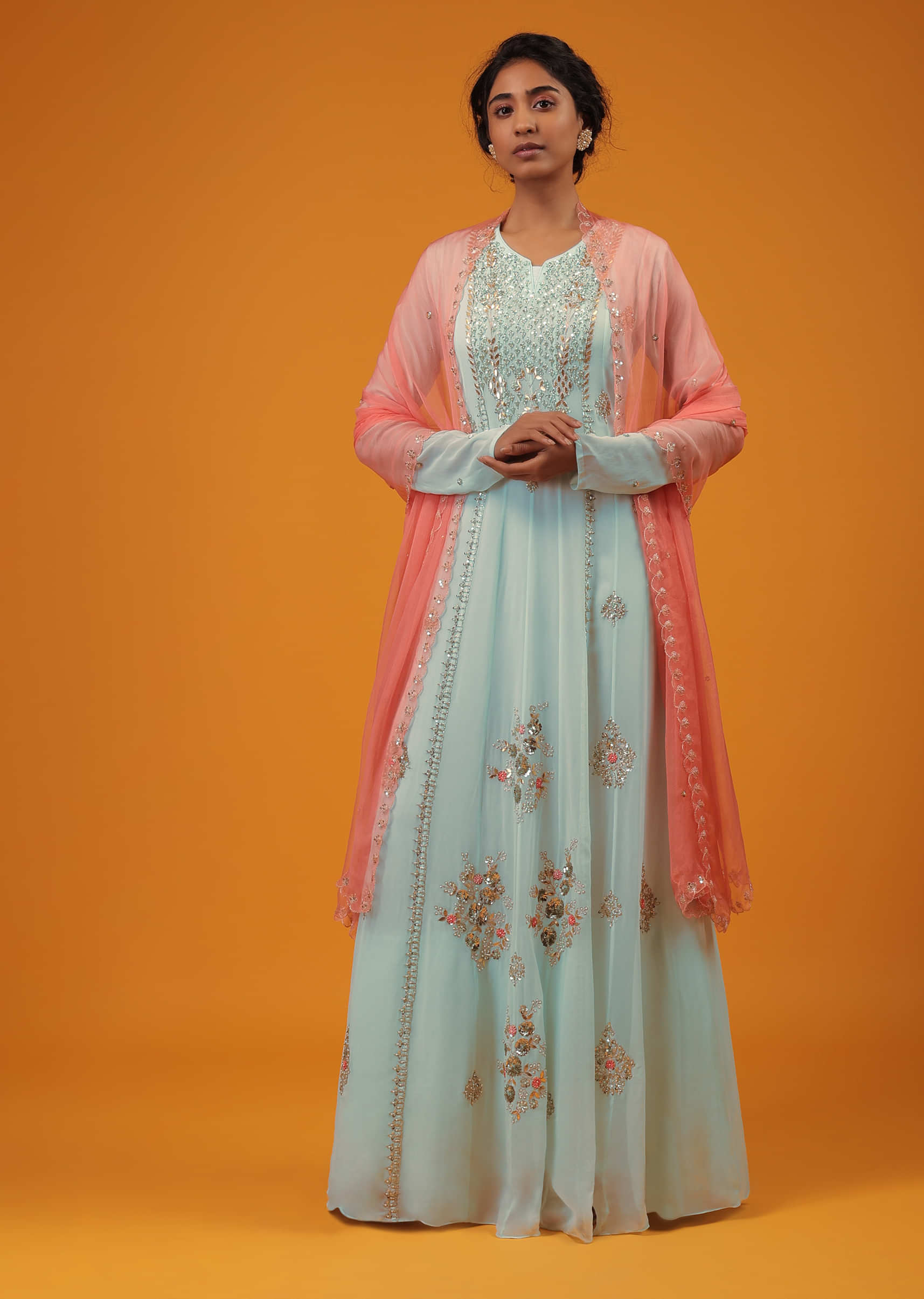 Mint Green Anarkali Suit In Georgette Dress With Moti, Sequins And Zari Work