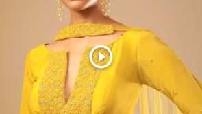 Mustard Yellow Sharara Suit In Crepe With A Flared Kurti Adorned In 3D Embroidery Along With A Belt Online - Kalki Fashion.mp4