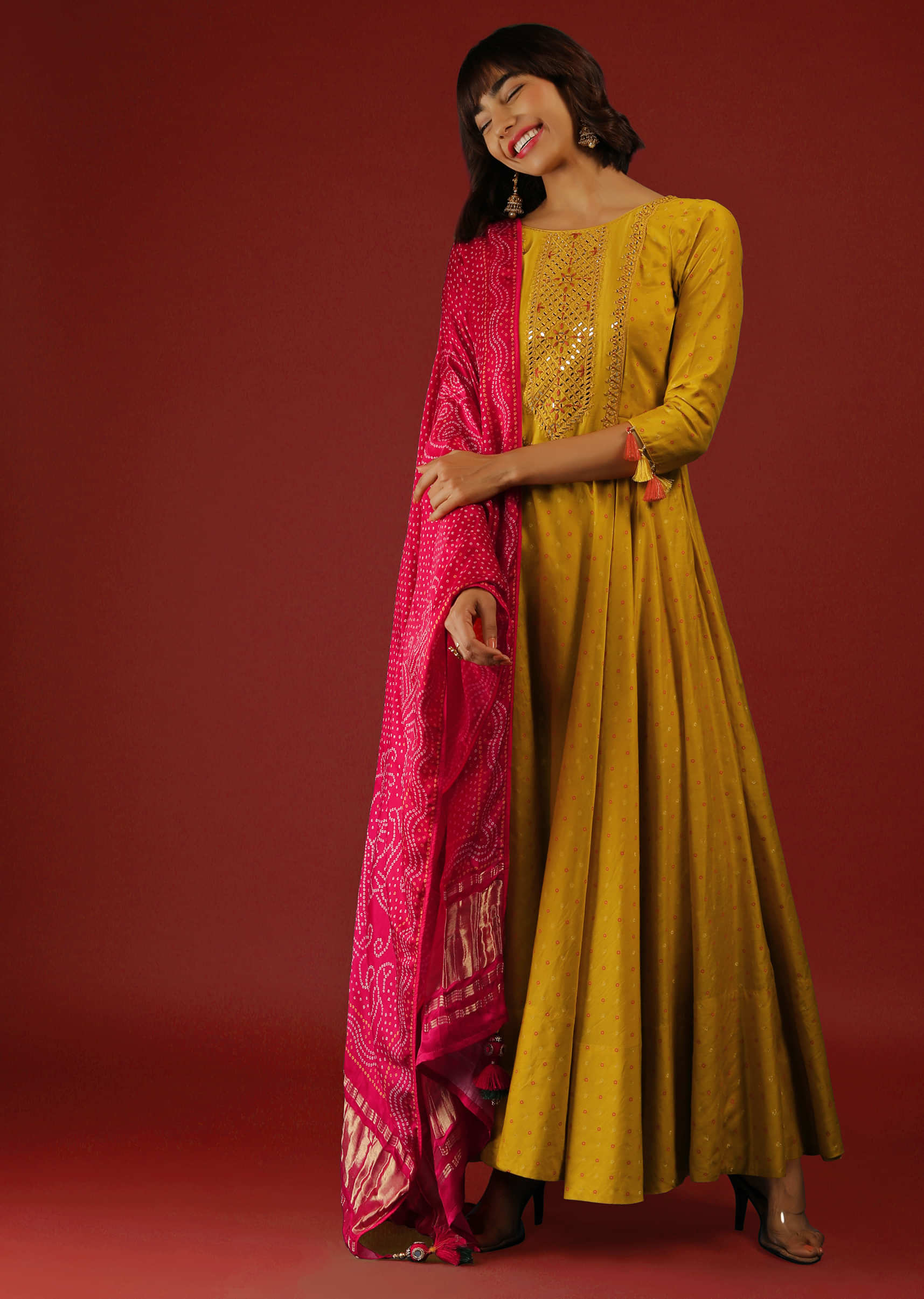 Mustard Anarkali Suit In Brocade Silk With Mirror Embroidery And Red Bandhani Dupatta  