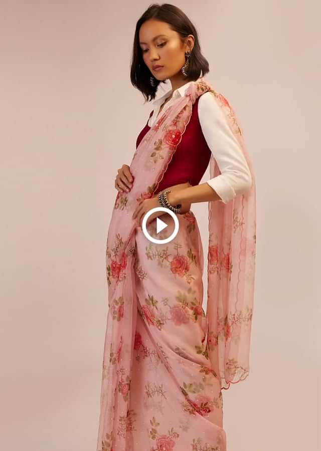 Baby Pink Organza Saree with Floral Print, Resham Border