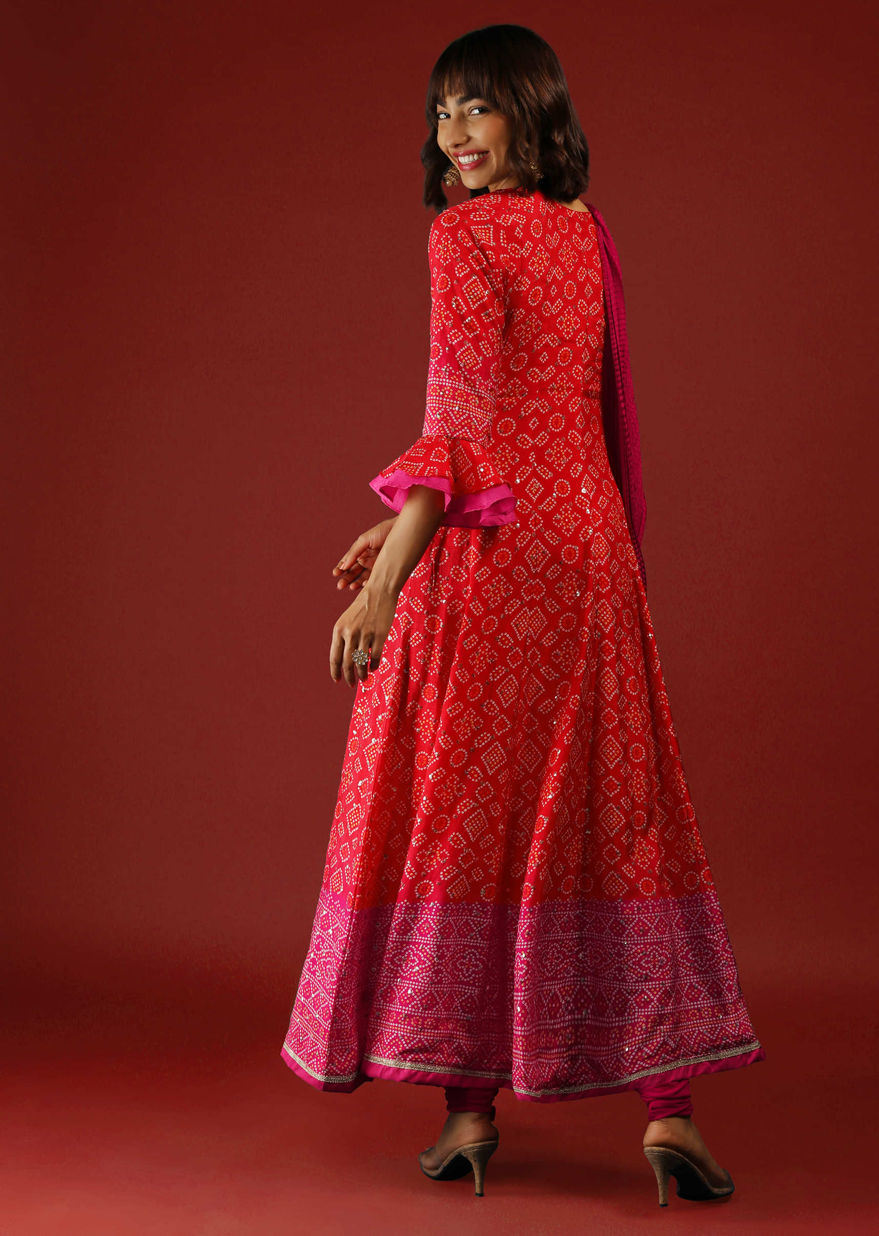 Red And Rani Pink Shaded Anarkali Suit With Ruffle Sleeves Bandhani Print  