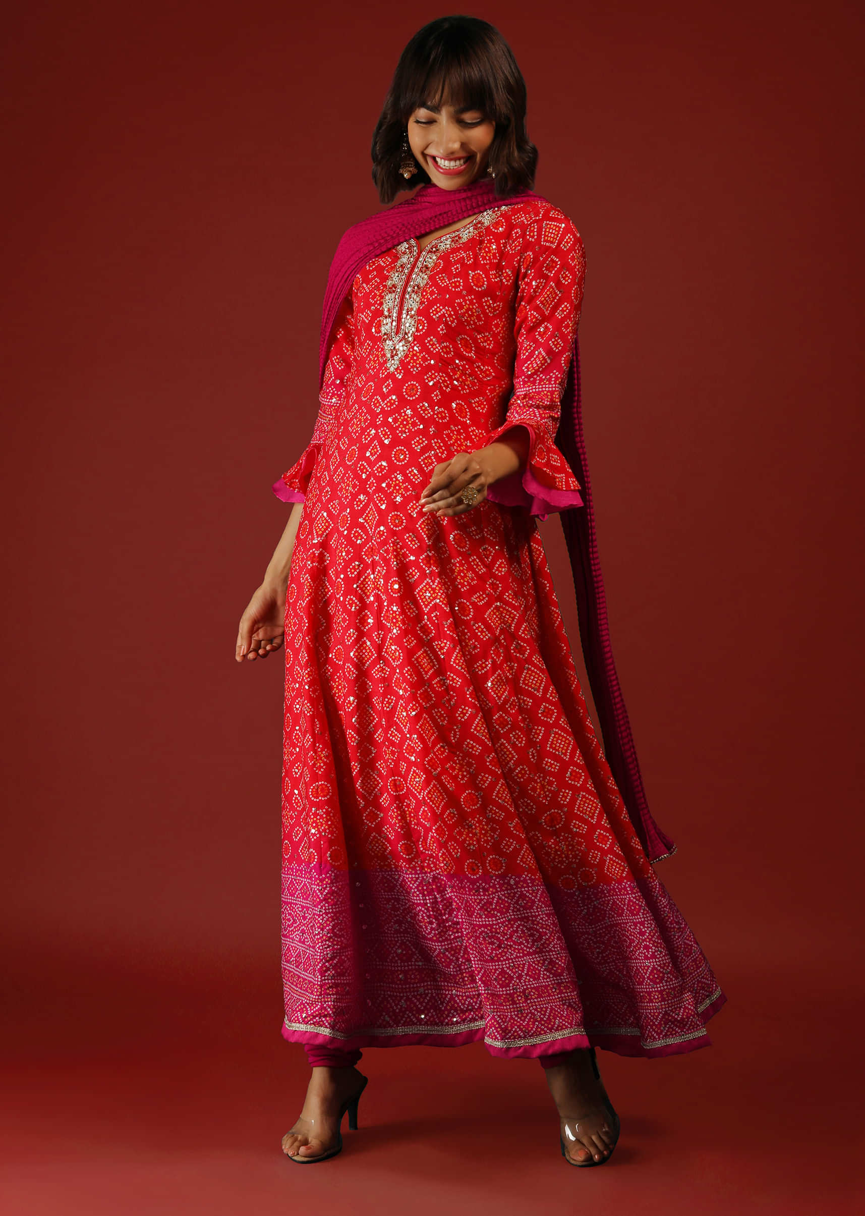 Red And Rani Pink Shaded Anarkali Suit With Ruffle Sleeves Bandhani Print  
