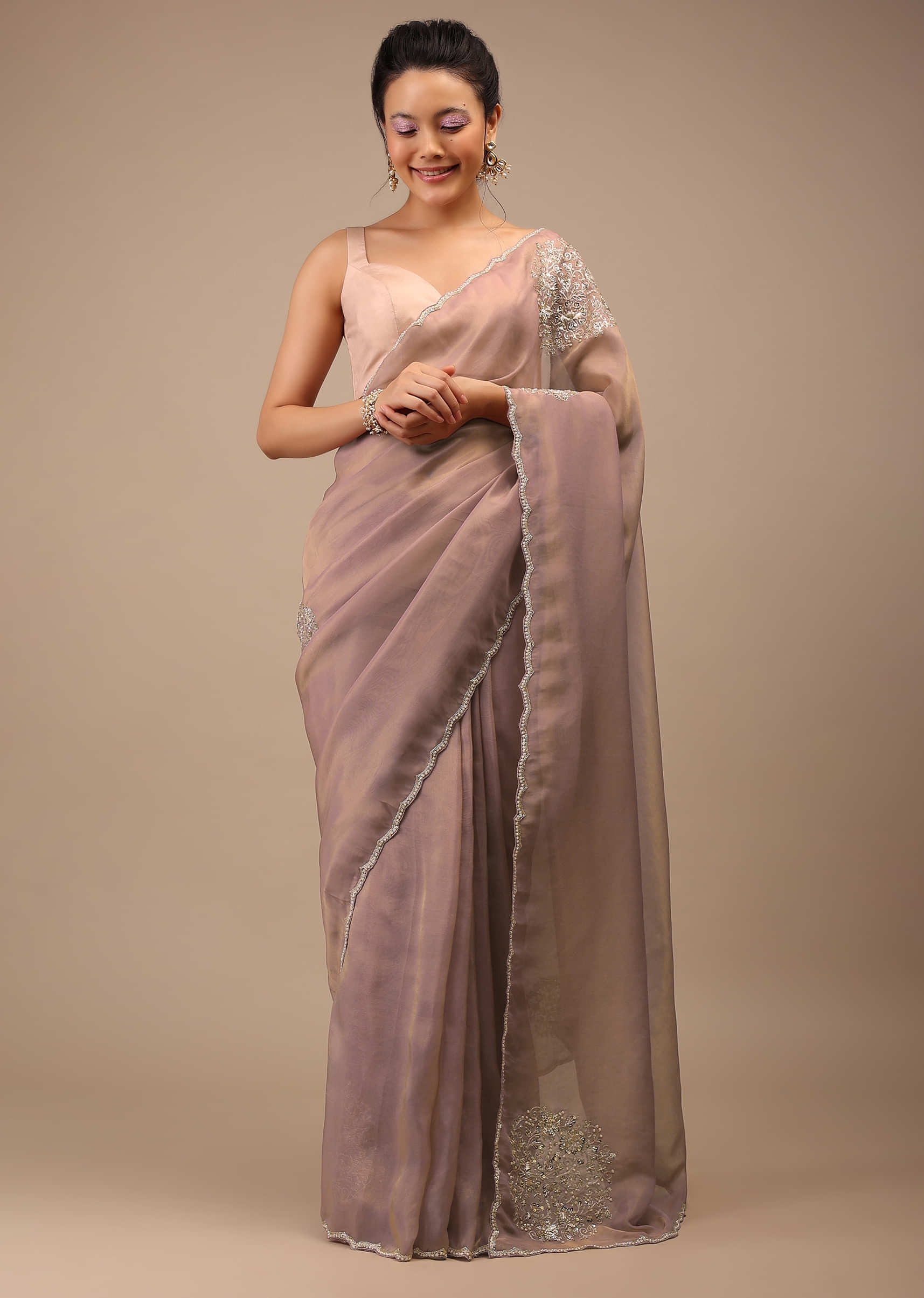 Orchid Haze Glass Tissue Saree With Zardozi Embroidery And Floral Buttis