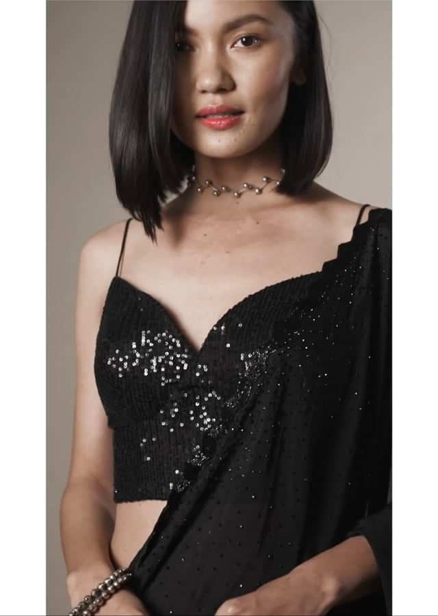 Buy Black Sequin Spaghetti Strap Blouse In A Sweetheart, 50% OFF