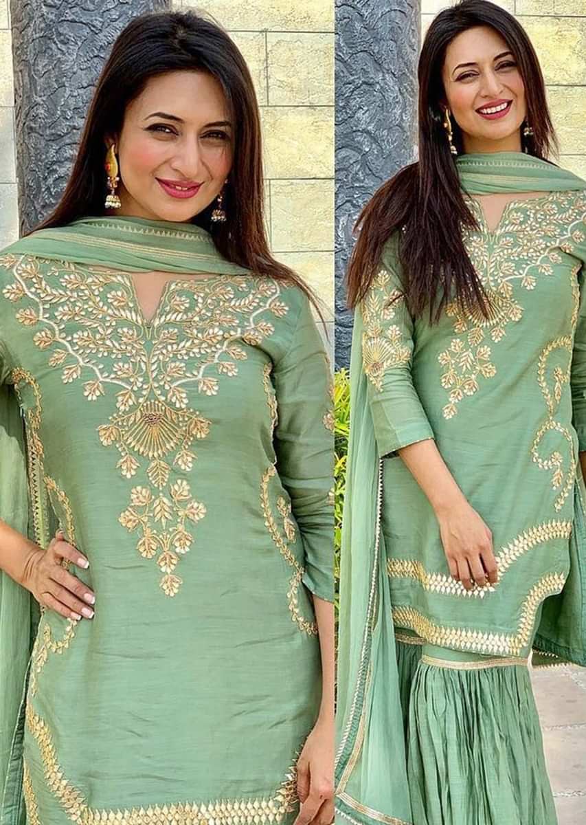 Divyanka Tripathi in Kalki fern green gotta embroidered sharara suit set