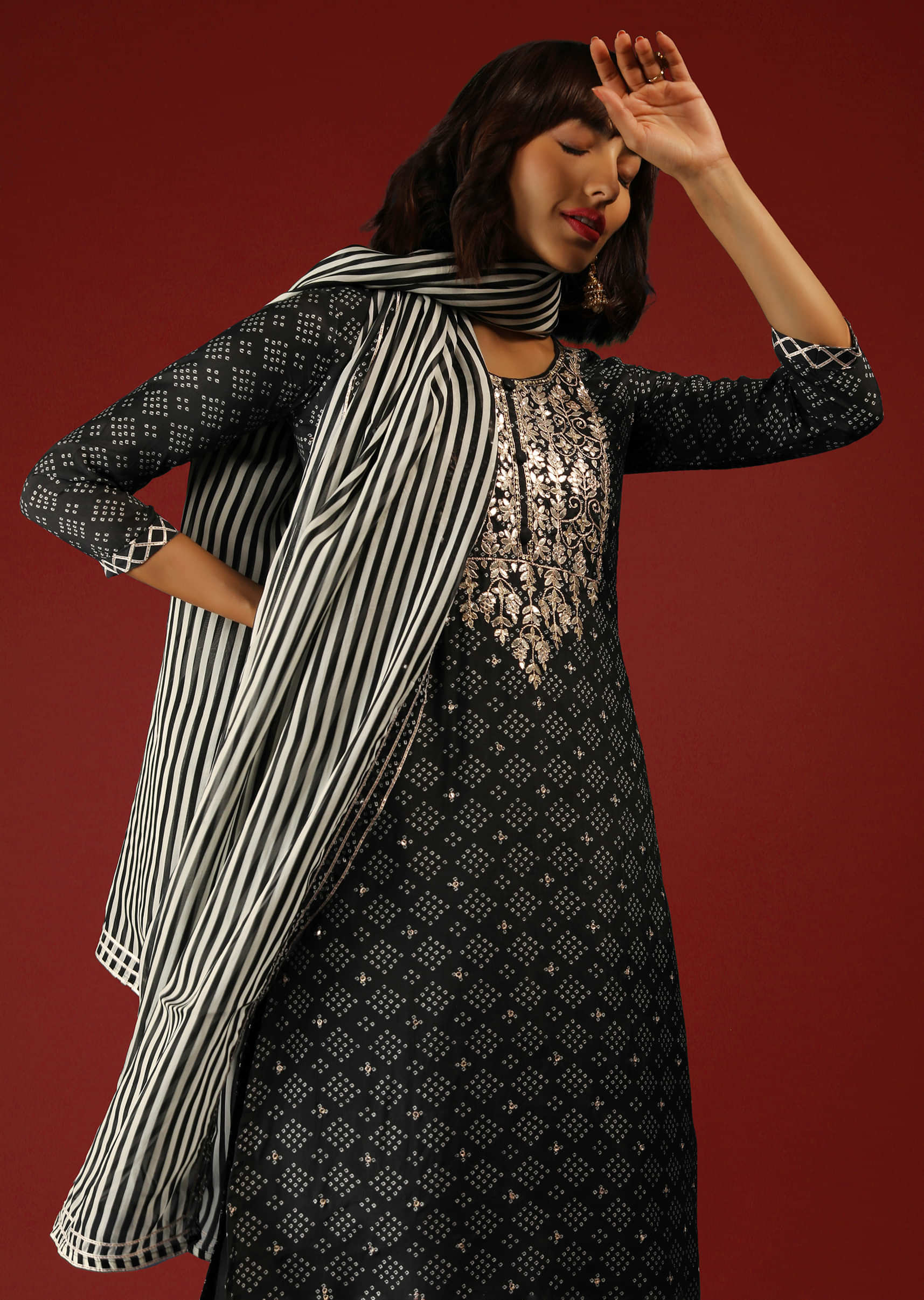 Black Straight Cut Suit With Bandhani Print And Mirror Embroidery  