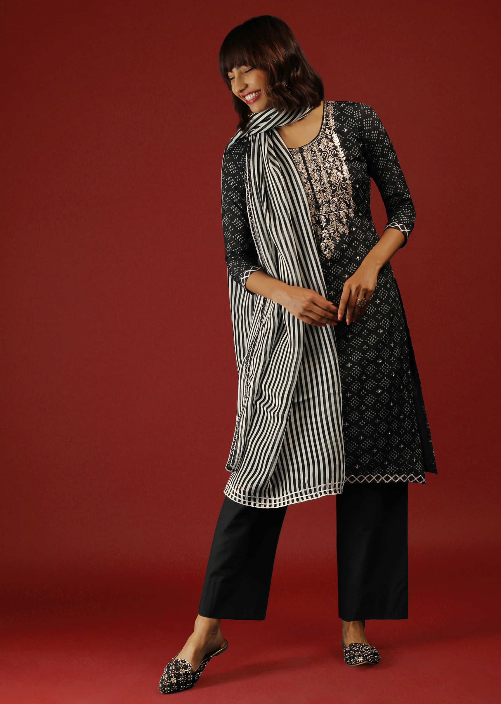 Black Straight Cut Suit With Bandhani Print And Mirror Embroidery  