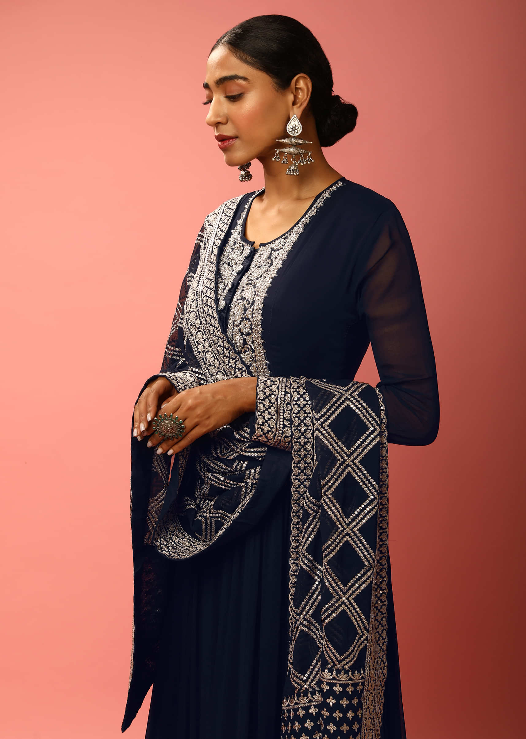 Midnight Blue Anarkali Suit In Georgette With Embroidered Yoke And Layered Hem  