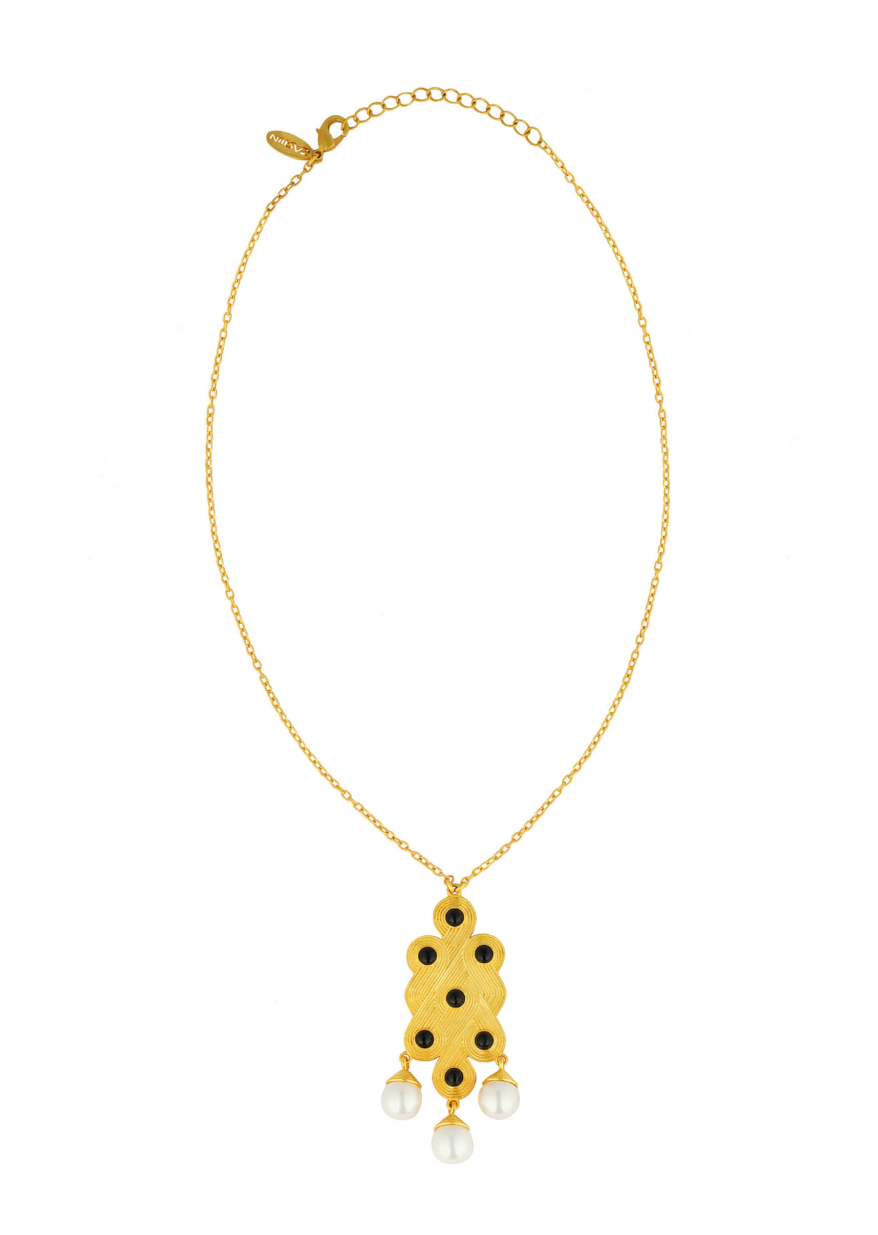 Gold Plated Necklace With A Pendant Studded With Onyx Stones And Dangling Pearls