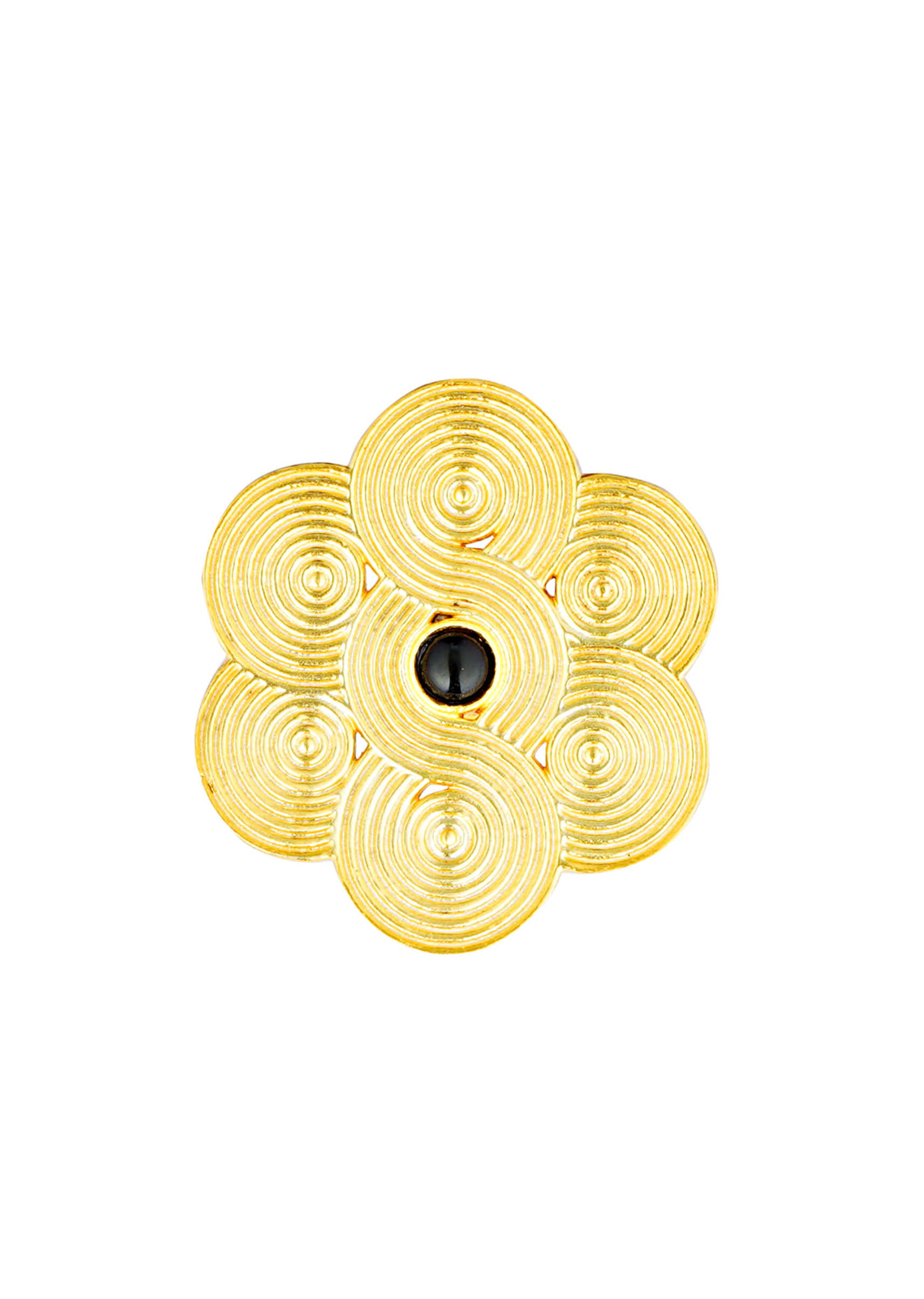 Gold Plated Adjustable Ring In Floral Design Studded With Onyx Stones
