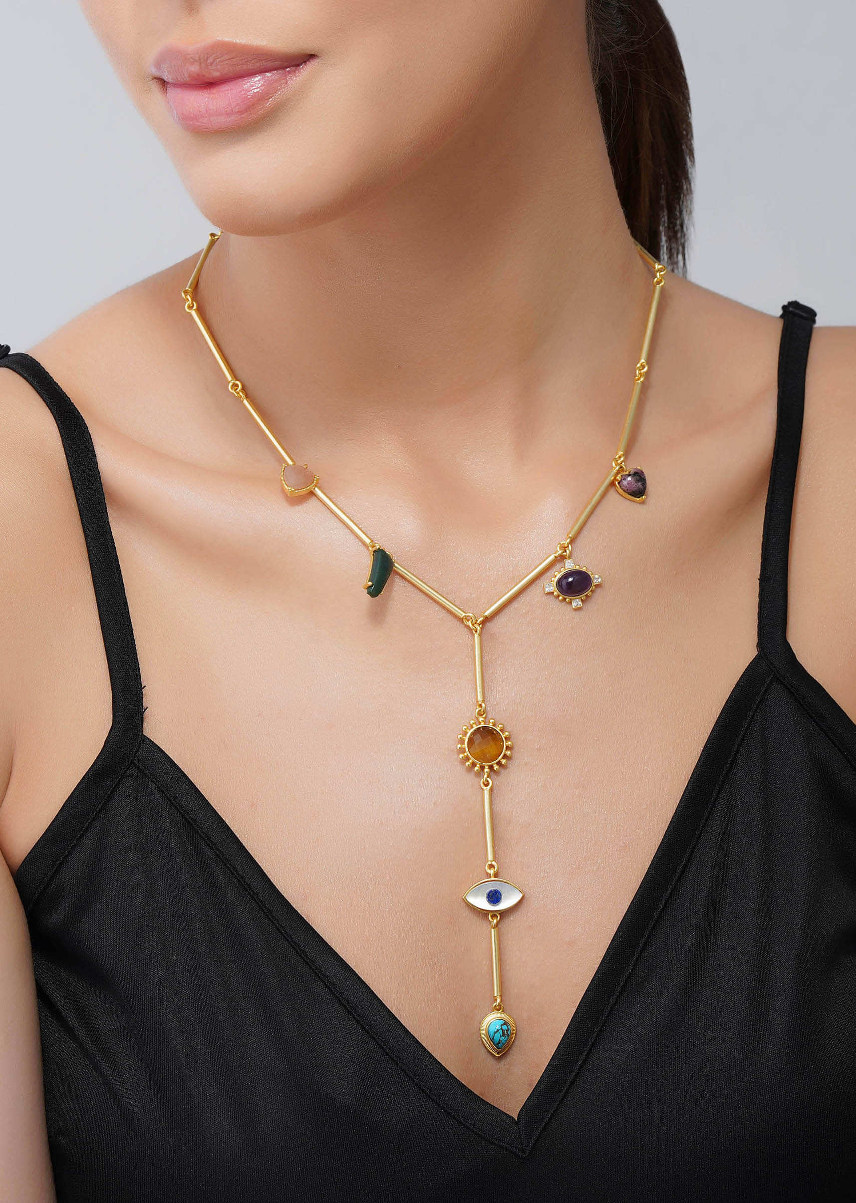 22Kt Gold Plated Multi Colored Healing Stone Lariat Necklace