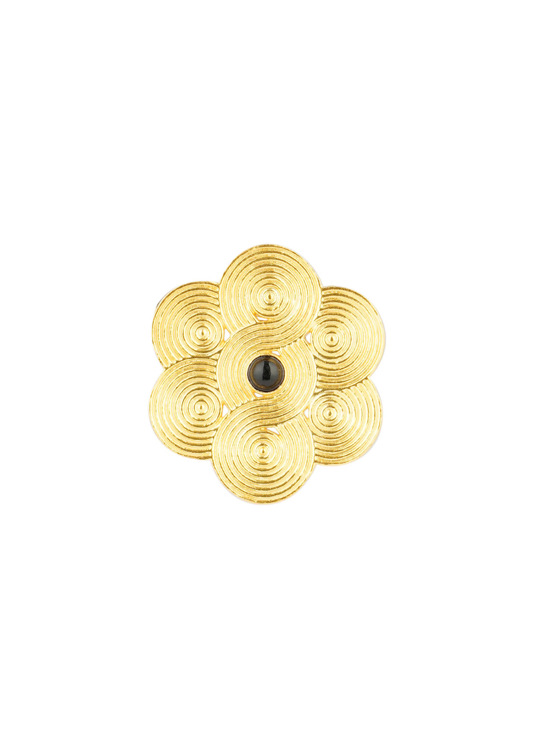 Gold Plated Stud Earrings In Floral Design Embellished With Black Onyx Stone In The Centre