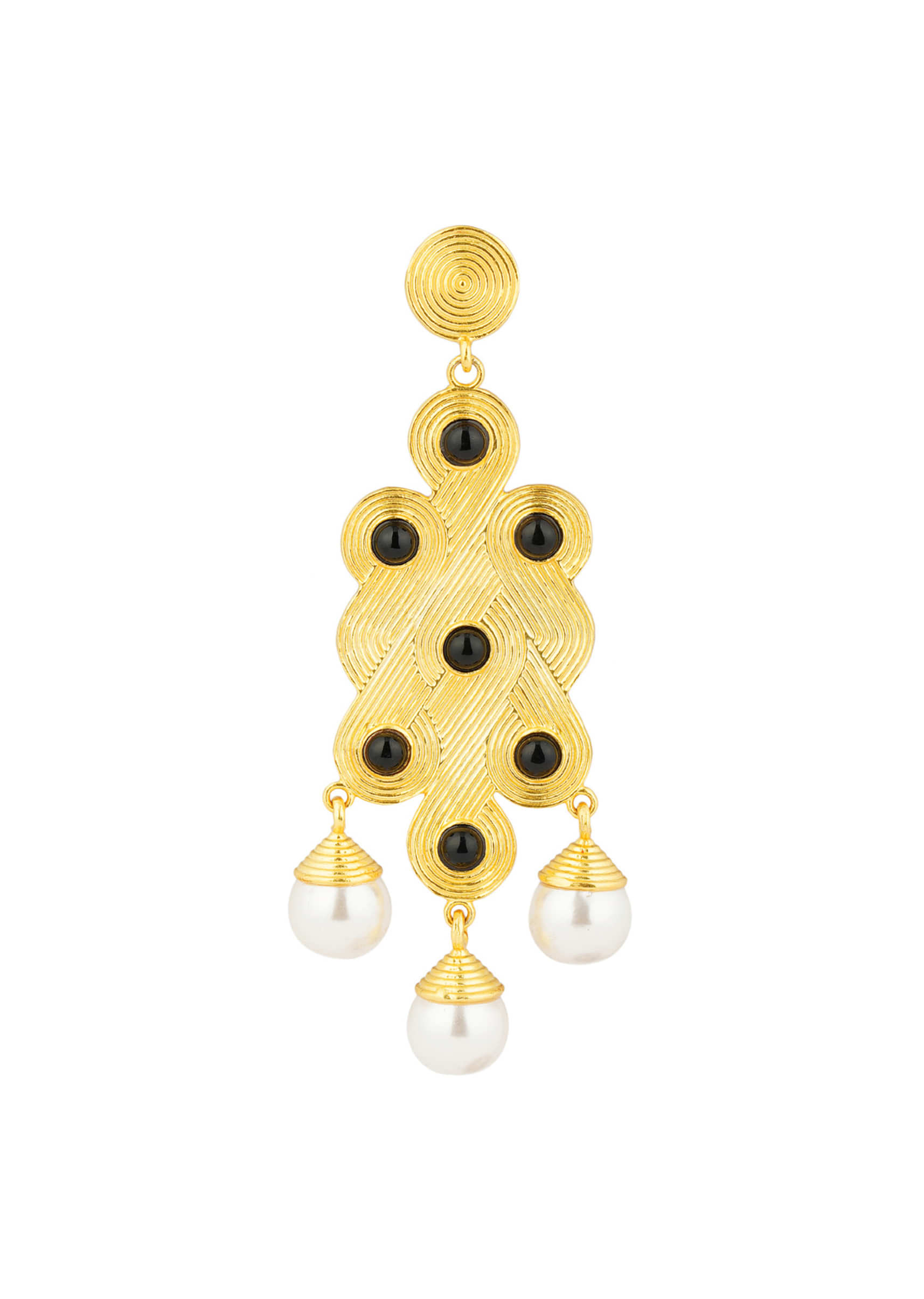 Gold Plated Designer Earrings With Onyx Stones And Dangling Freshwater Pearl Drops