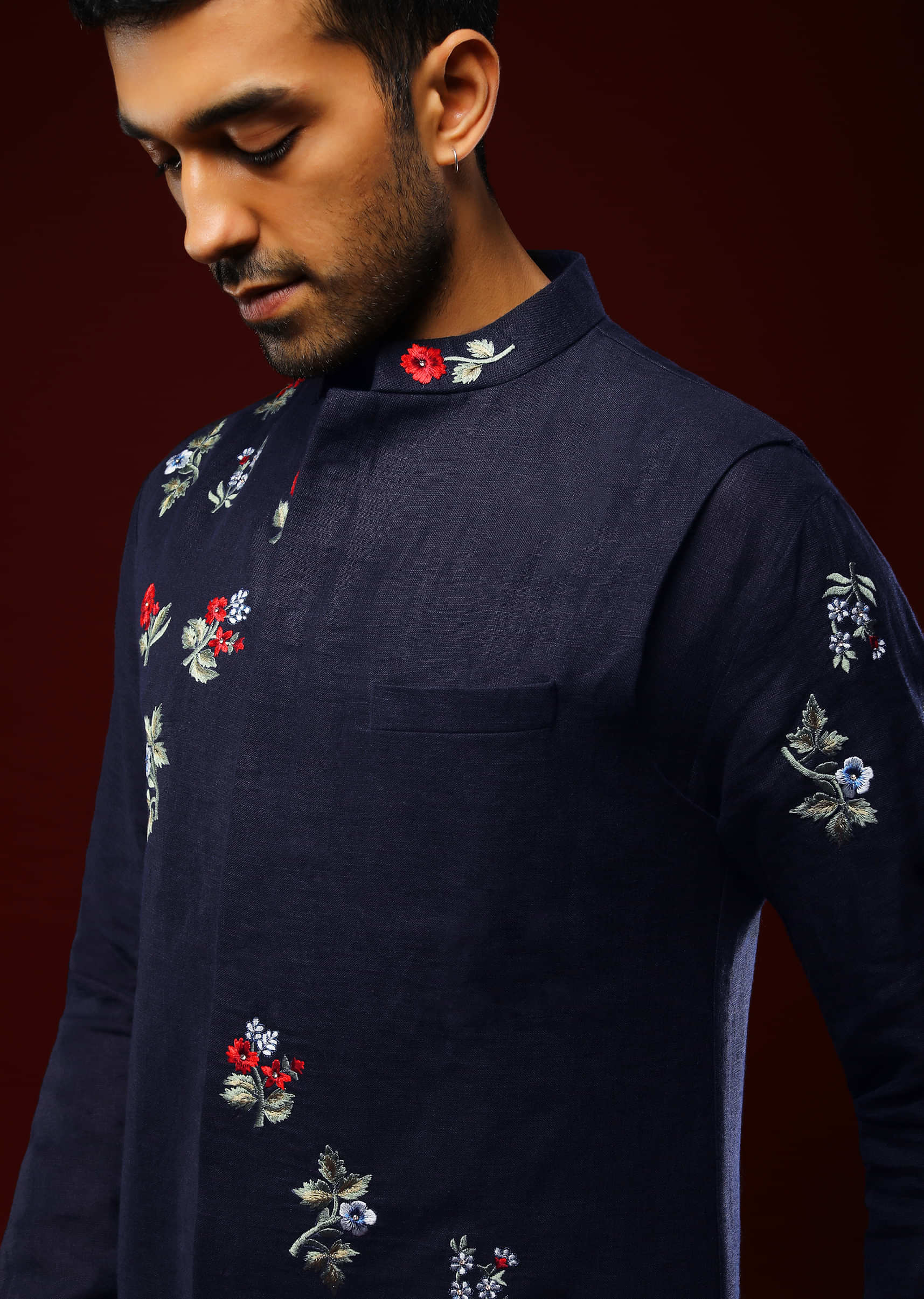 Midnight Blue Nehru Jacket Set In Linen With Multi Colored Resham Embroidered Floral Motifs